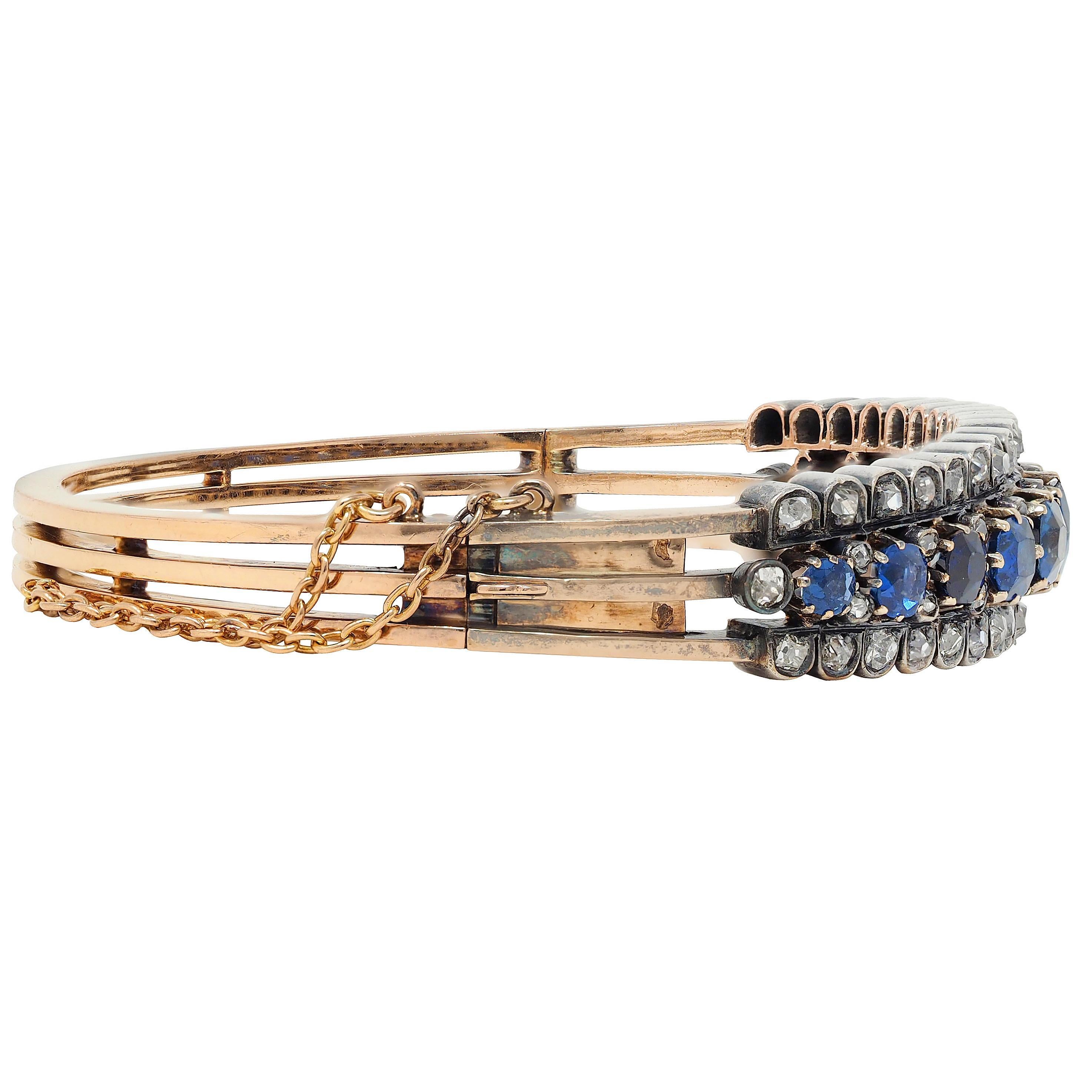 Victorien Bracelet jonc ancien victorien en or 18 carats, diamants et saphirs de 8,51 carats poids total en vente