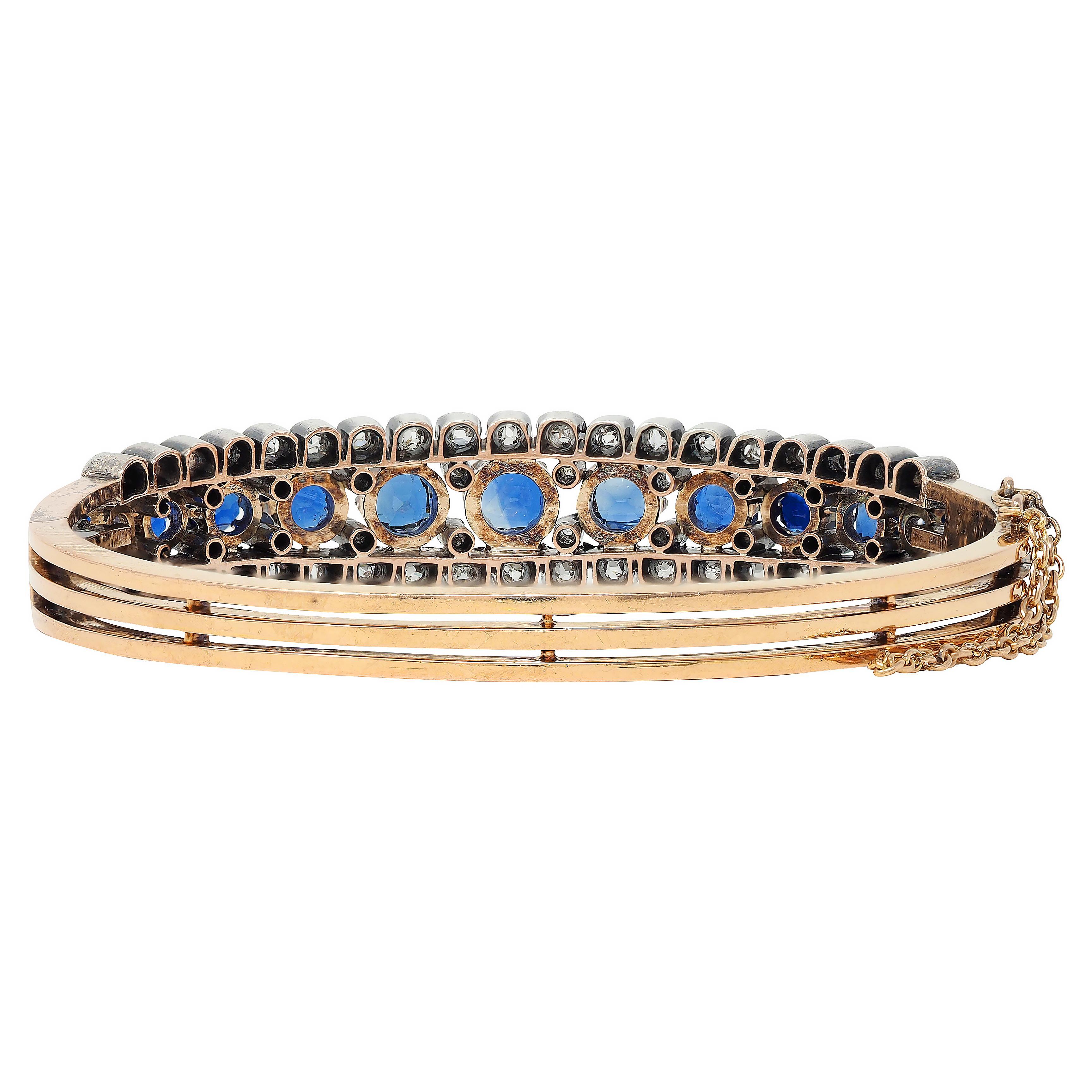 Taille coussin Bracelet jonc ancien victorien en or 18 carats, diamants et saphirs de 8,51 carats poids total en vente