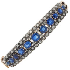 Victorian 8.51 CTW Sapphire Diamond 18K Gold Silver Antique Bangle Bracelet