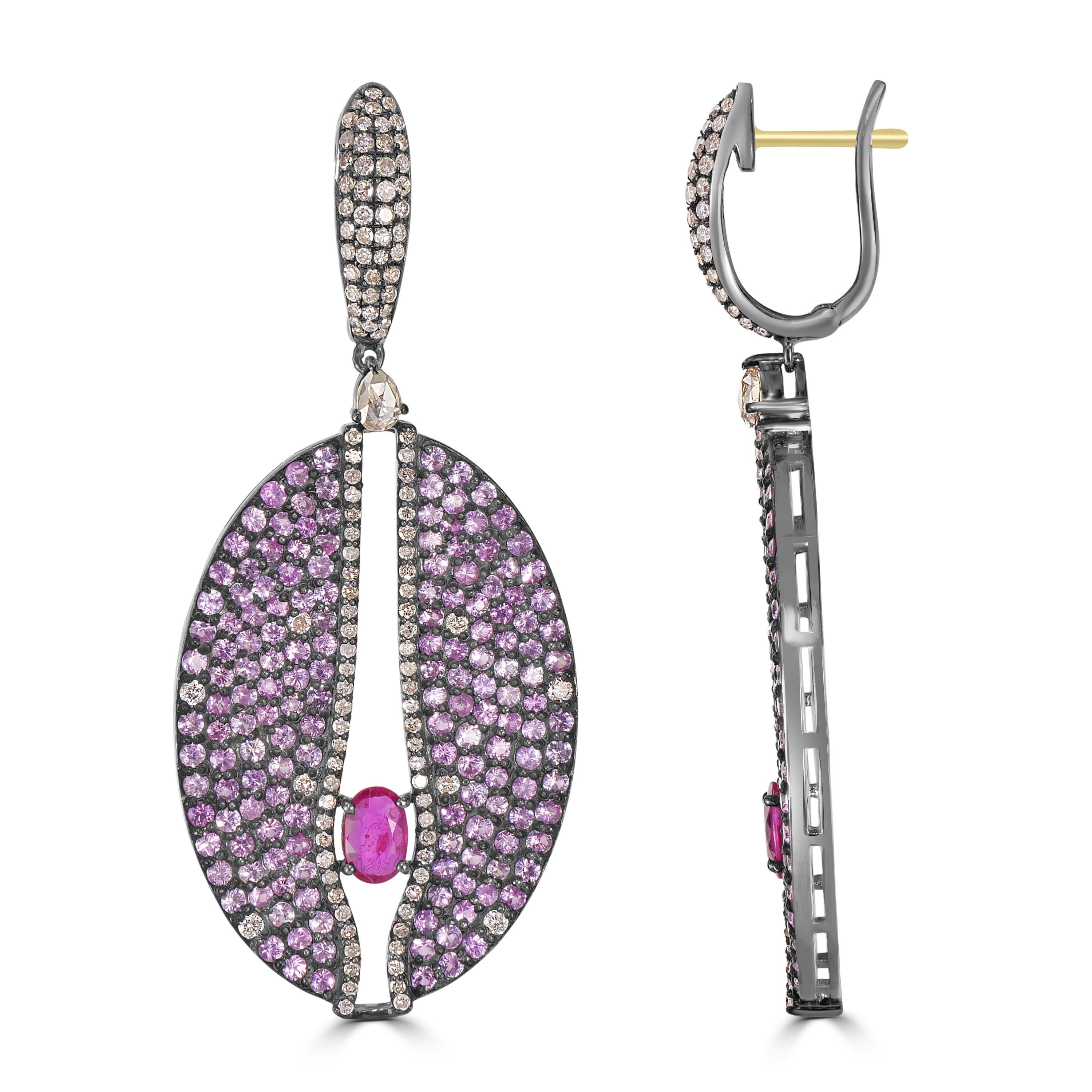 Oval Cut Victorian 8.67Cttw. Ruby, Pink Sapphire and Diamond Dangle Earrings  For Sale