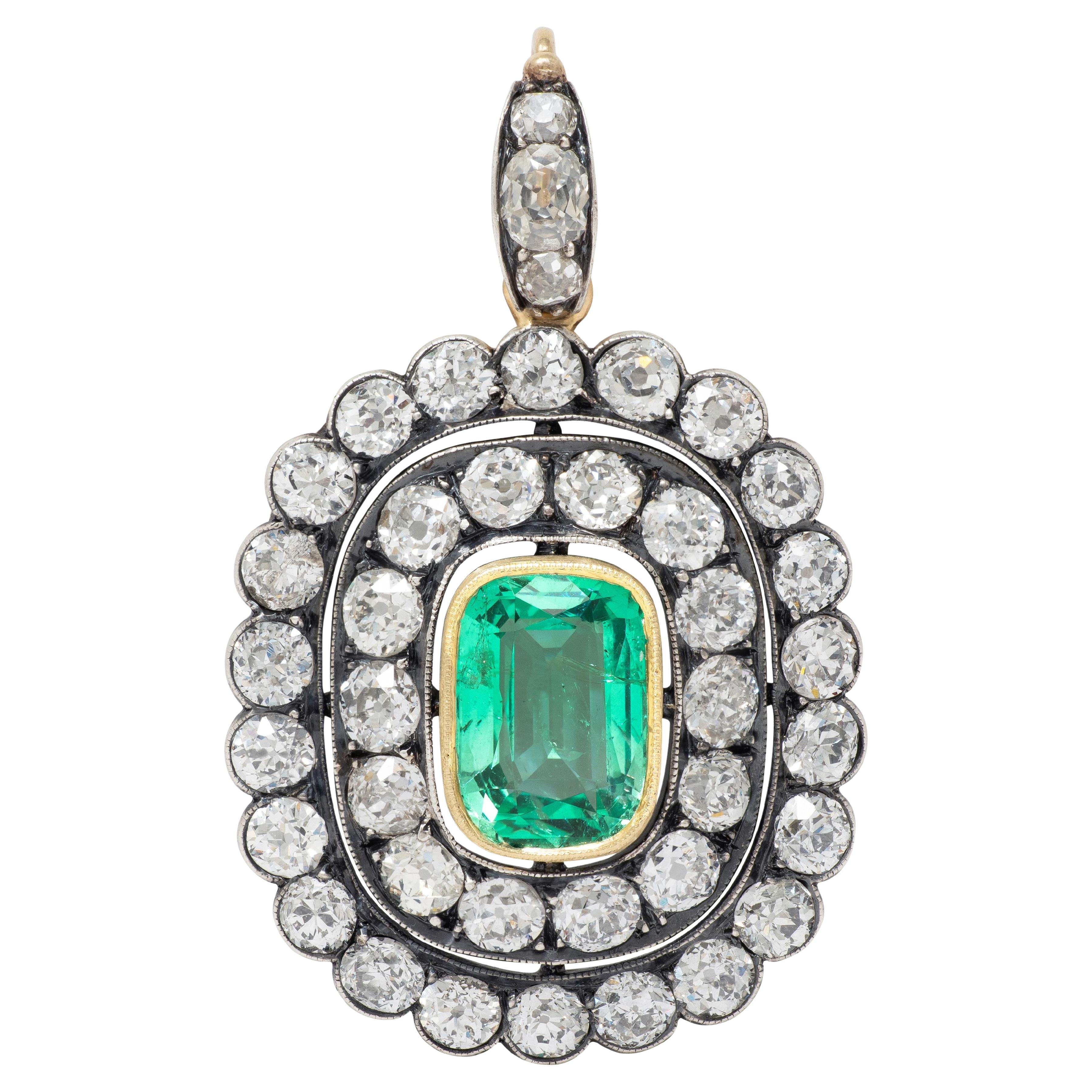 Ciondolo vittoriano con diamante smeraldo da 8,72 CTW, argento, oro giallo 14K, aureola antica
