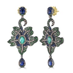 Victorian 8.75 Cttw. Sapphire, Emerald, Tsavorite, Kyanite and Diamond Earrings