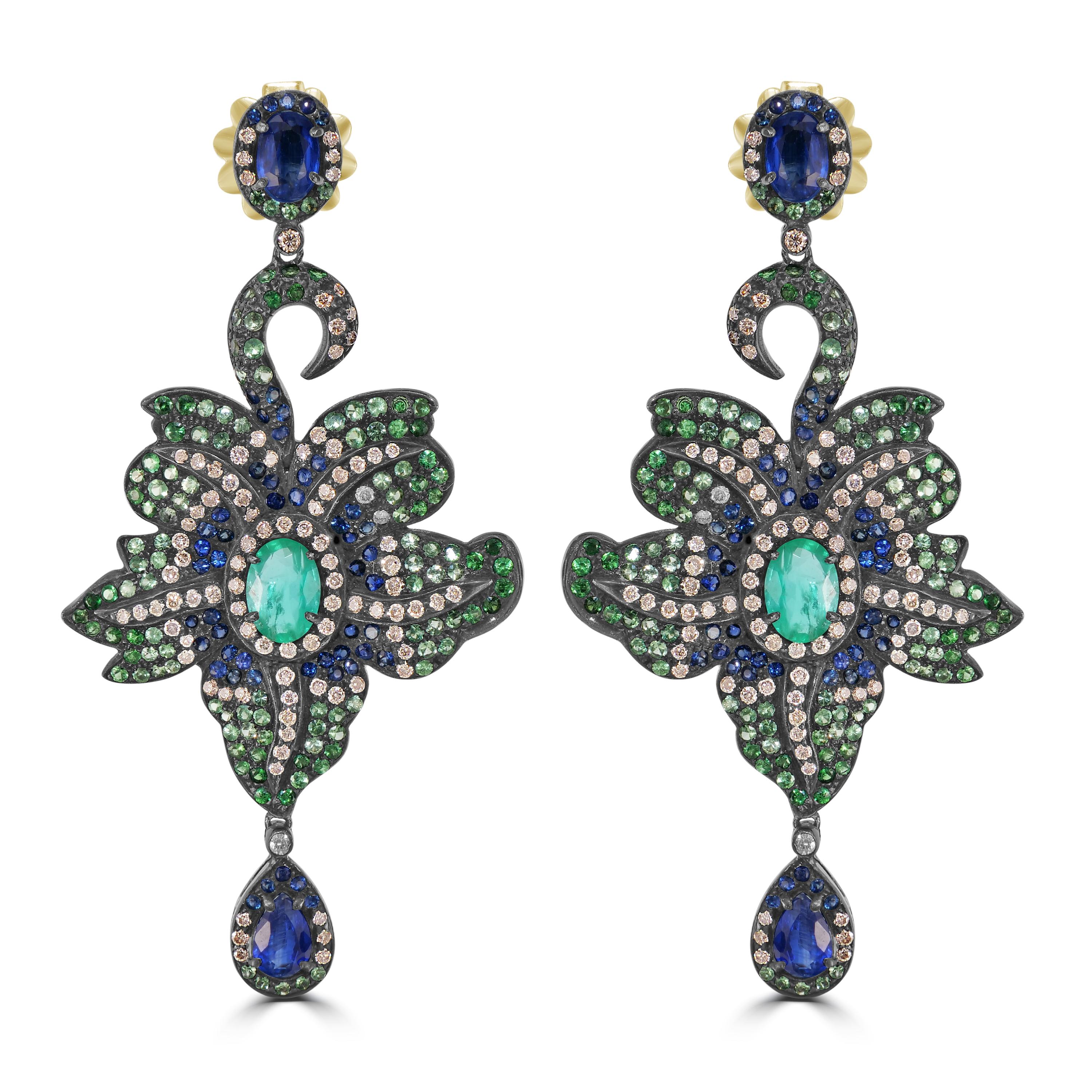 Oval Cut Victorian 8.75 Cttw. Sapphire, Emerald, Tsavorite, Kyanite and Diamond Earrings For Sale