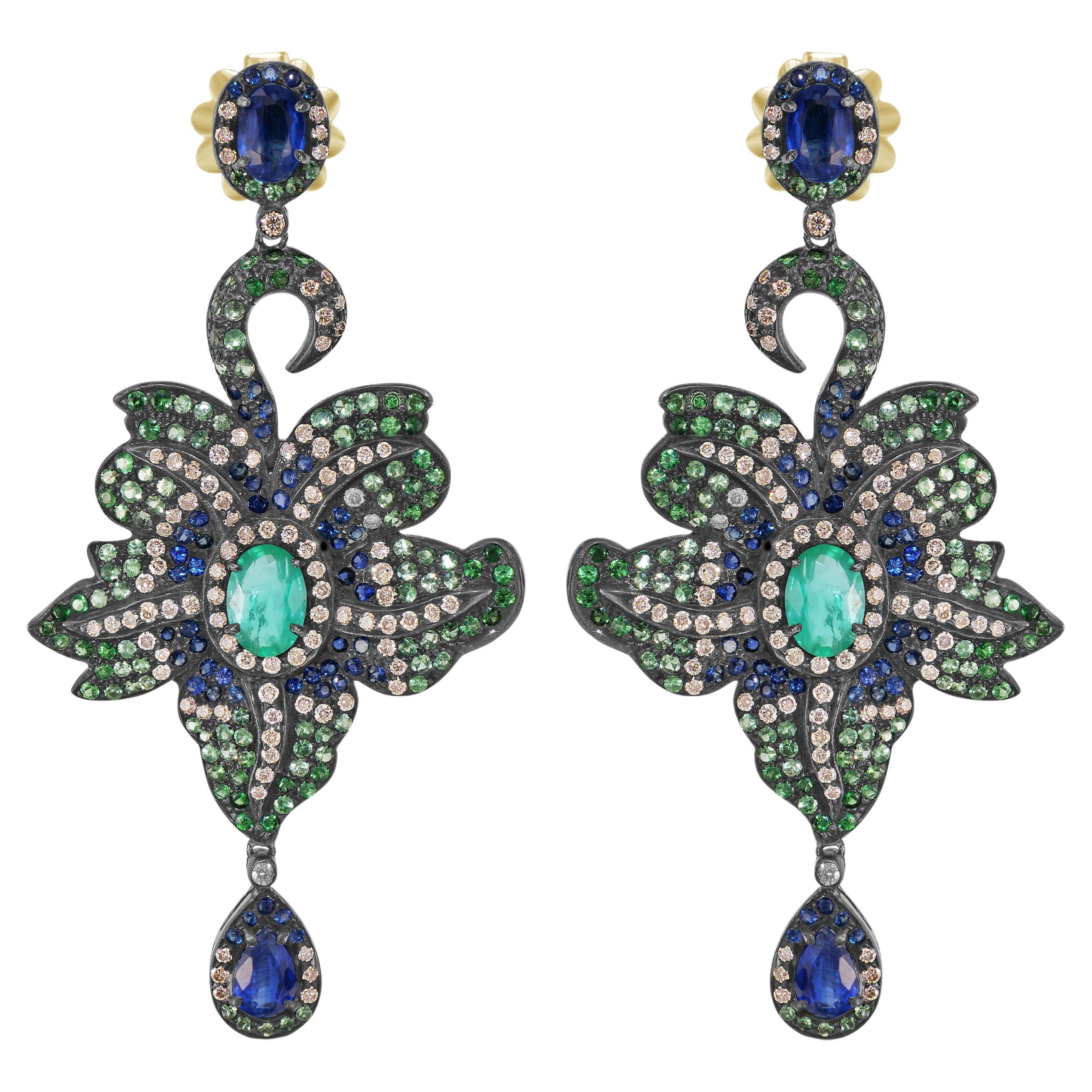 Victorian 8.75 Cttw. Sapphire, Emerald, Tsavorite, Kyanite and Diamond Earrings For Sale