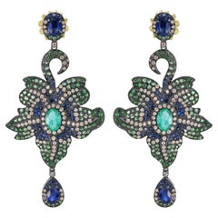 Victorian 8.75 Cttw. Sapphire, Emerald, Tsavorite, Kyanite and Diamond Earrings