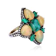 Victorian 8.76ct T.W.  Emerald, Ethiopian Opal and Diamond Cluster Flower Ring