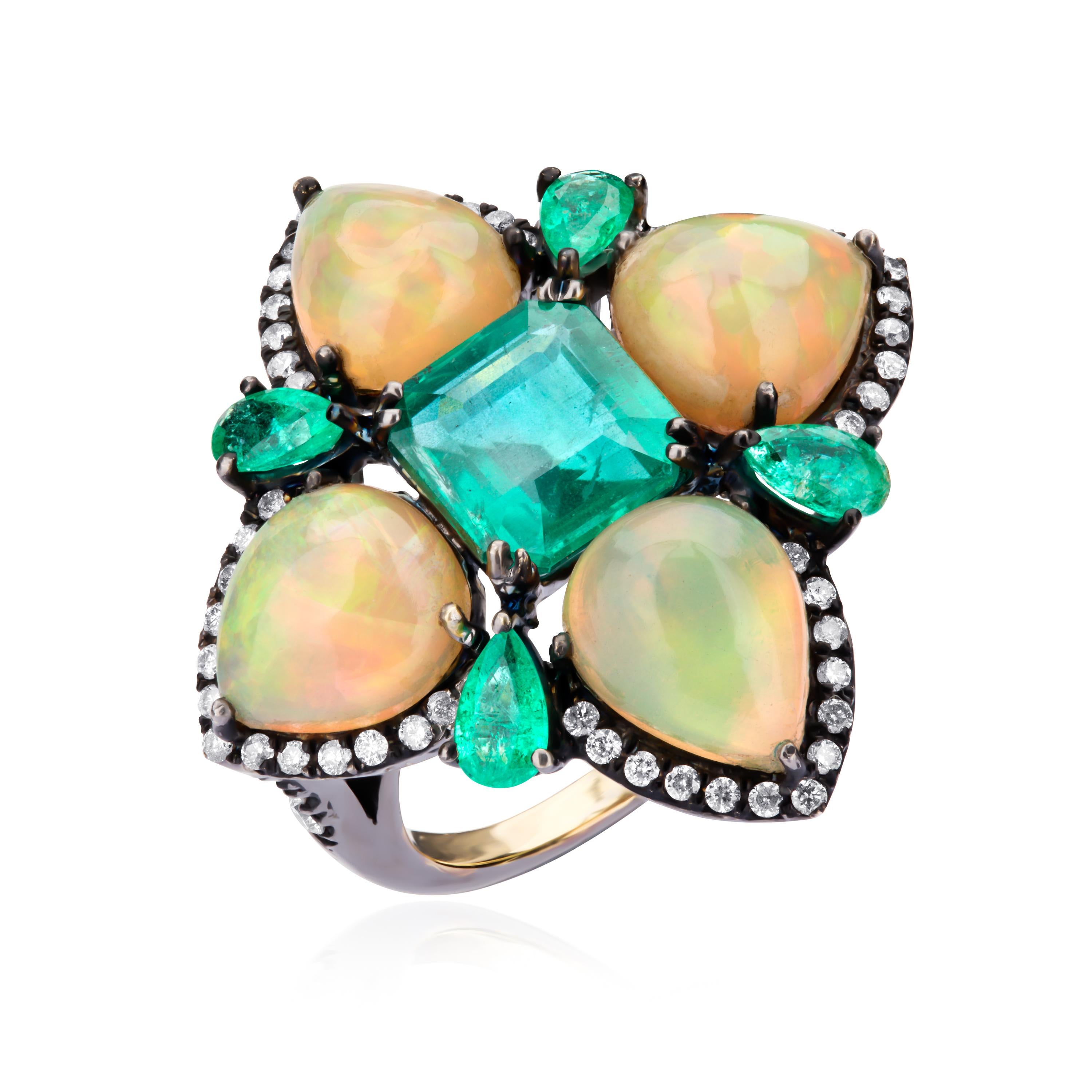 Pear Cut Victorian 8.76ct T.W.  Emerald, Ethiopian Opal and Diamond Cluster Flower Ring For Sale