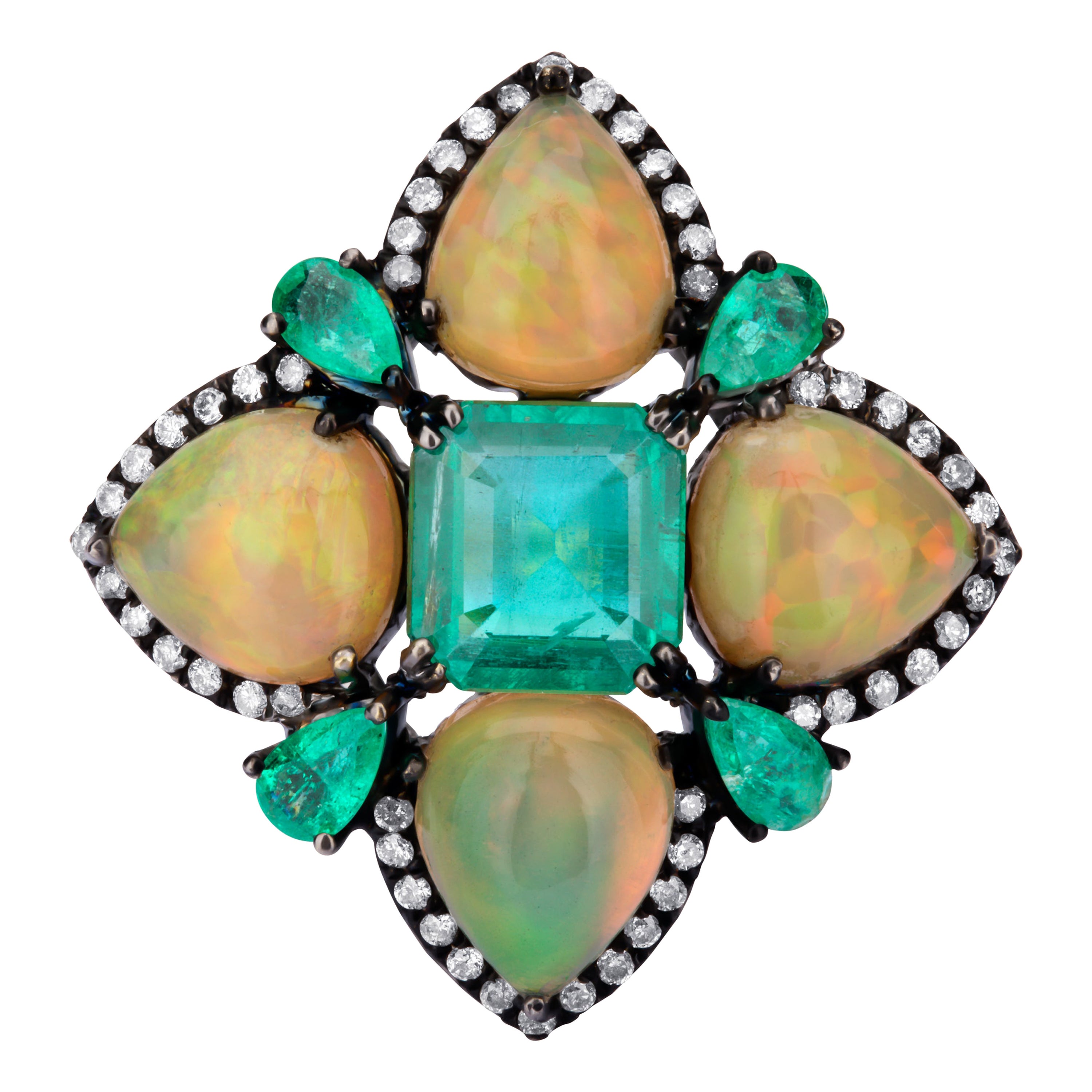 Victorian 8.76ct T.W.  Emerald, Ethiopian Opal and Diamond Cluster Flower Ring For Sale