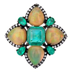 Victorian 8.76ct T.W.  Emerald, Ethiopian Opal and Diamond Cluster Flower Ring