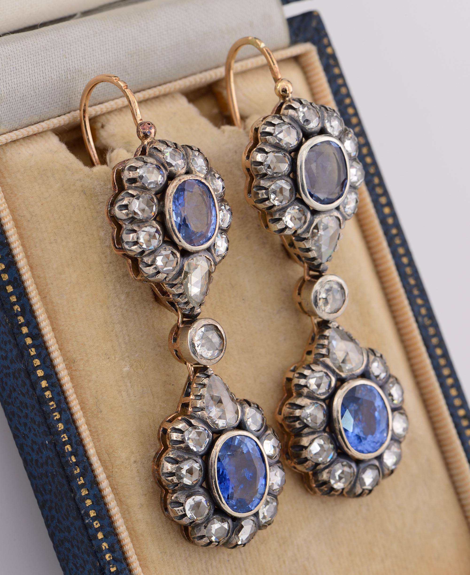 Oval Cut Victorian 8.80 C. Natural Untreated Sapphire Rose Cut Diamond Drop Earrings For Sale