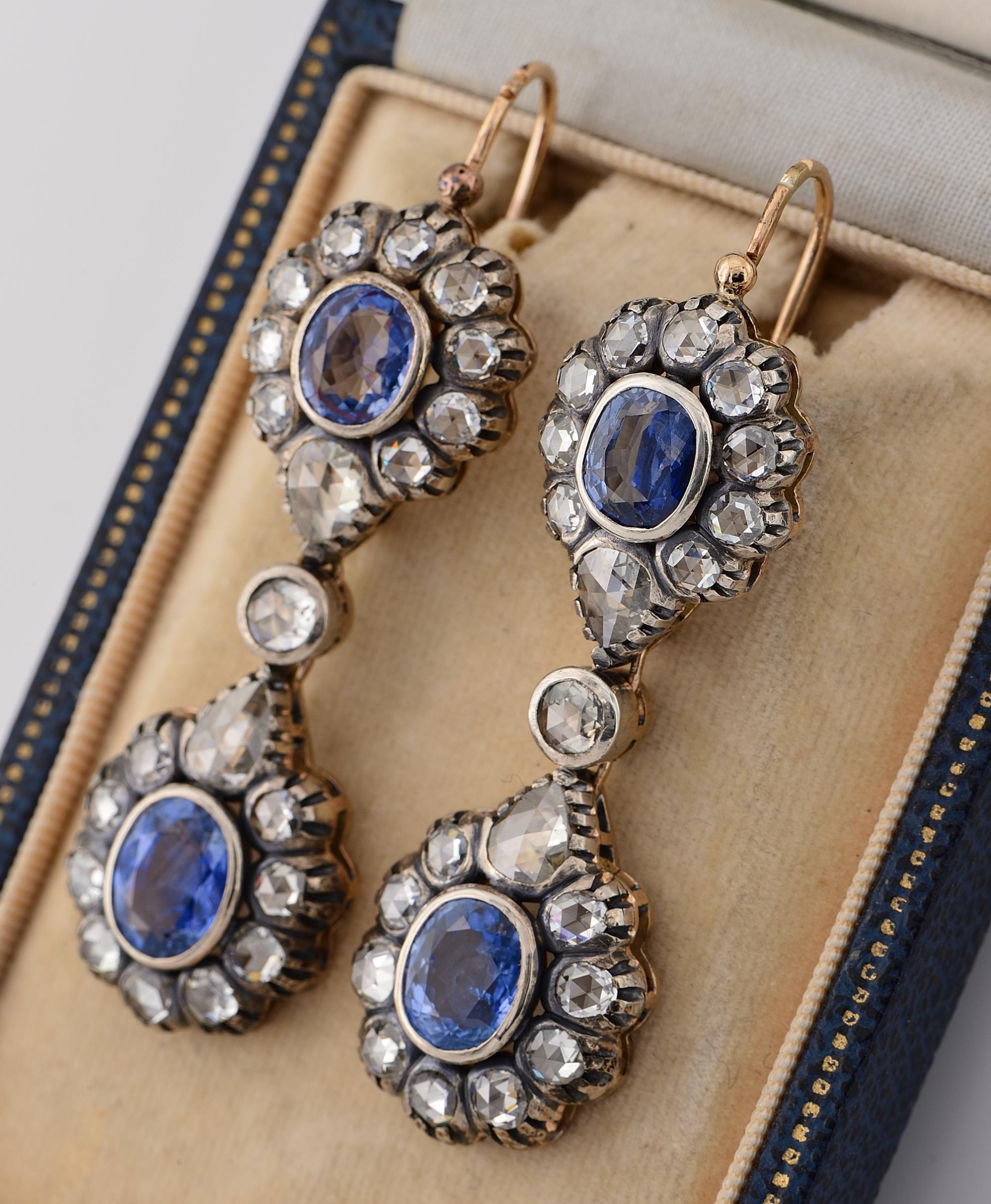 Victorian 8.80 C. Natural Untreated Sapphire Rose Cut Diamond Drop Earrings In Good Condition For Sale In Napoli, IT