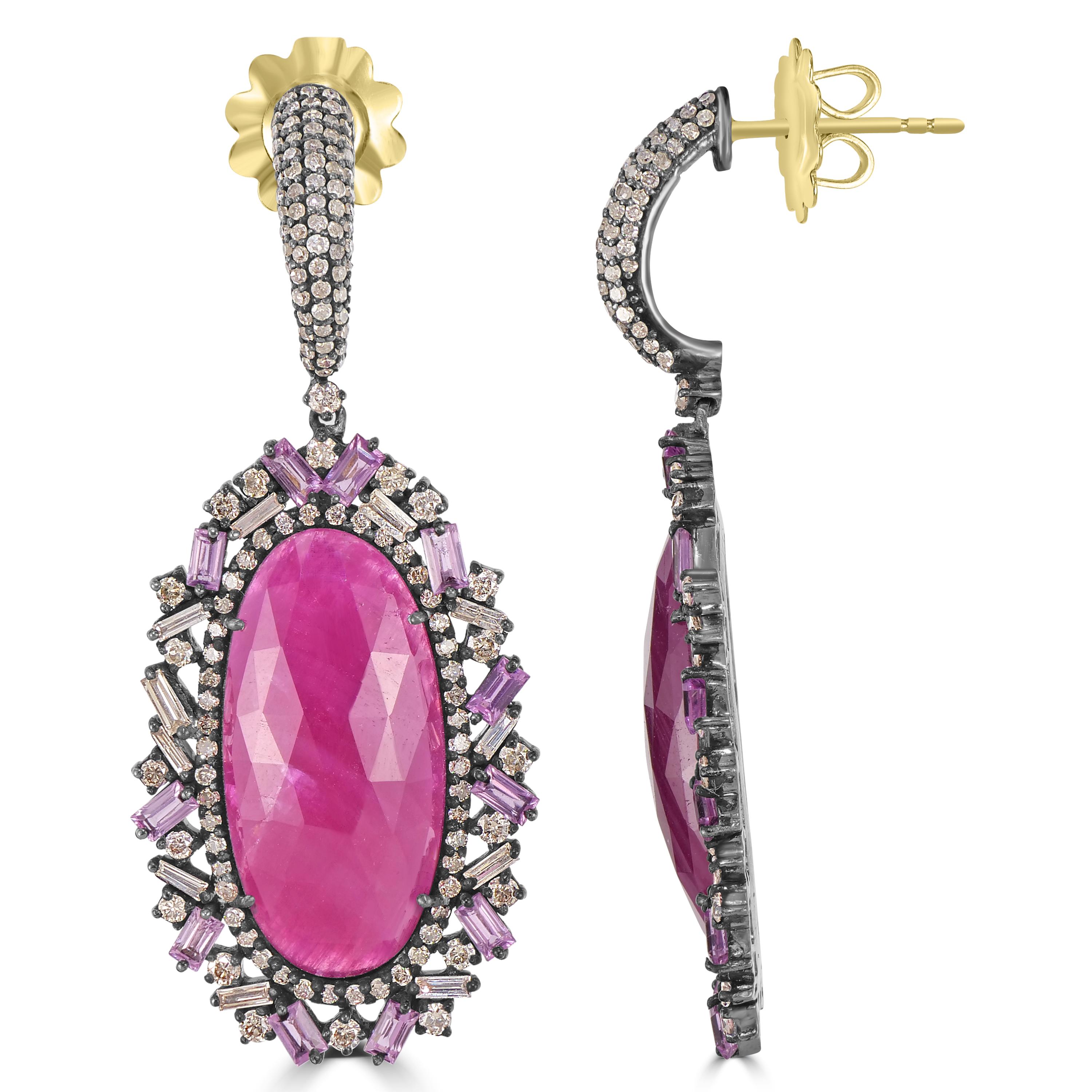 Oval Cut Victorian 8.89 Cttw. Ruby, Pink Sapphire and Diamond Dangle Earrings For Sale
