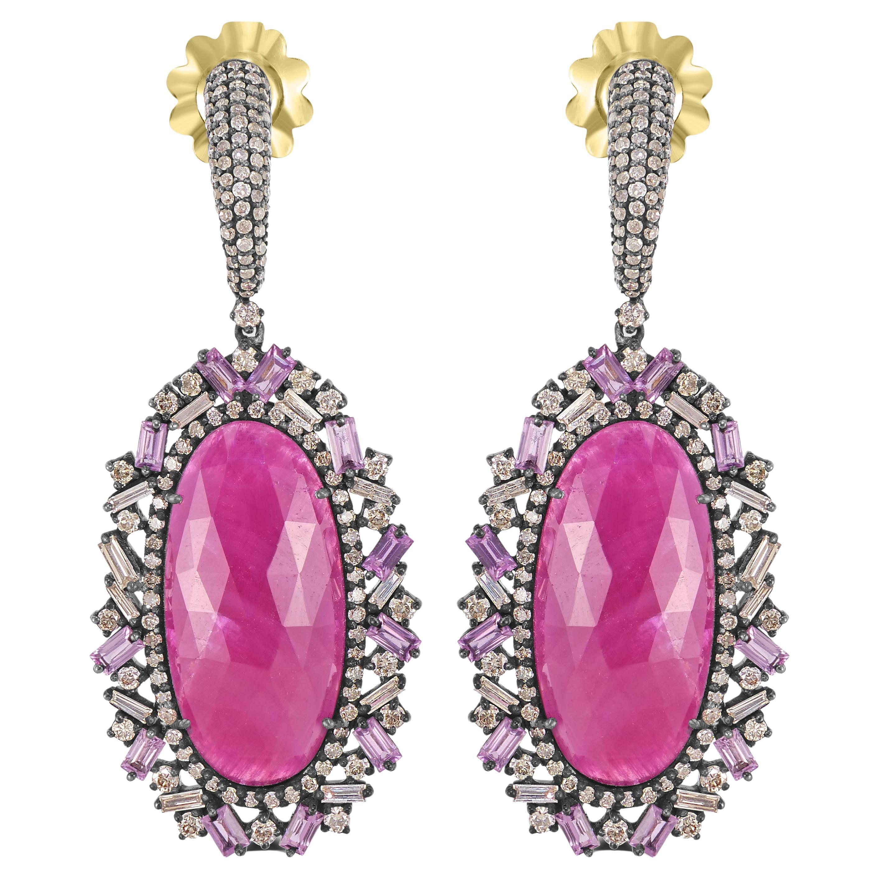Victorian 8.89 Cttw. Ruby, Pink Sapphire and Diamond Dangle Earrings For Sale