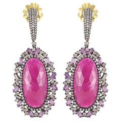Victorian 8.89 ct. pt. Boucles d'oreilles pendantes en rubis, saphir rose et diamant