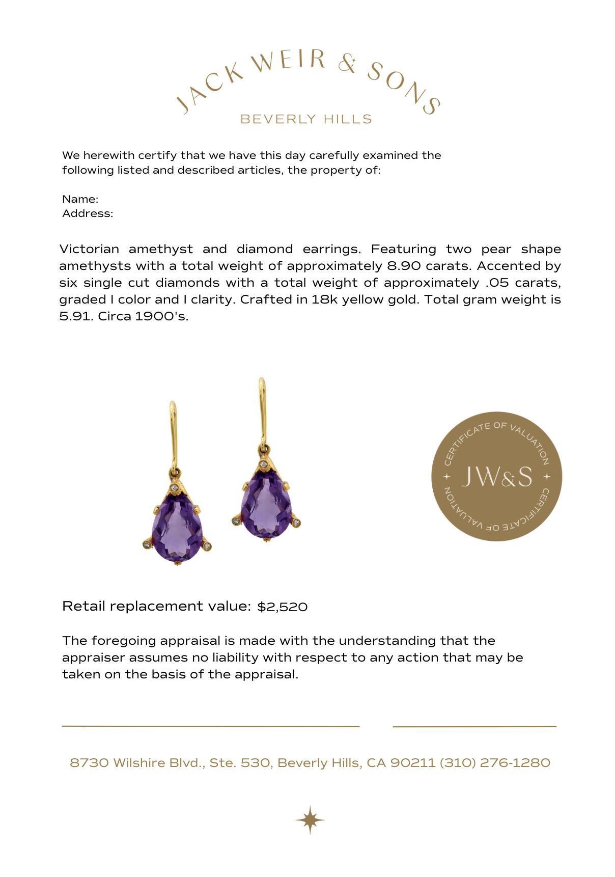 Taille poire Boucles d'oreilles victoriennes en or jaune 18k avec améthyste et diamant de 8,90 carats en vente