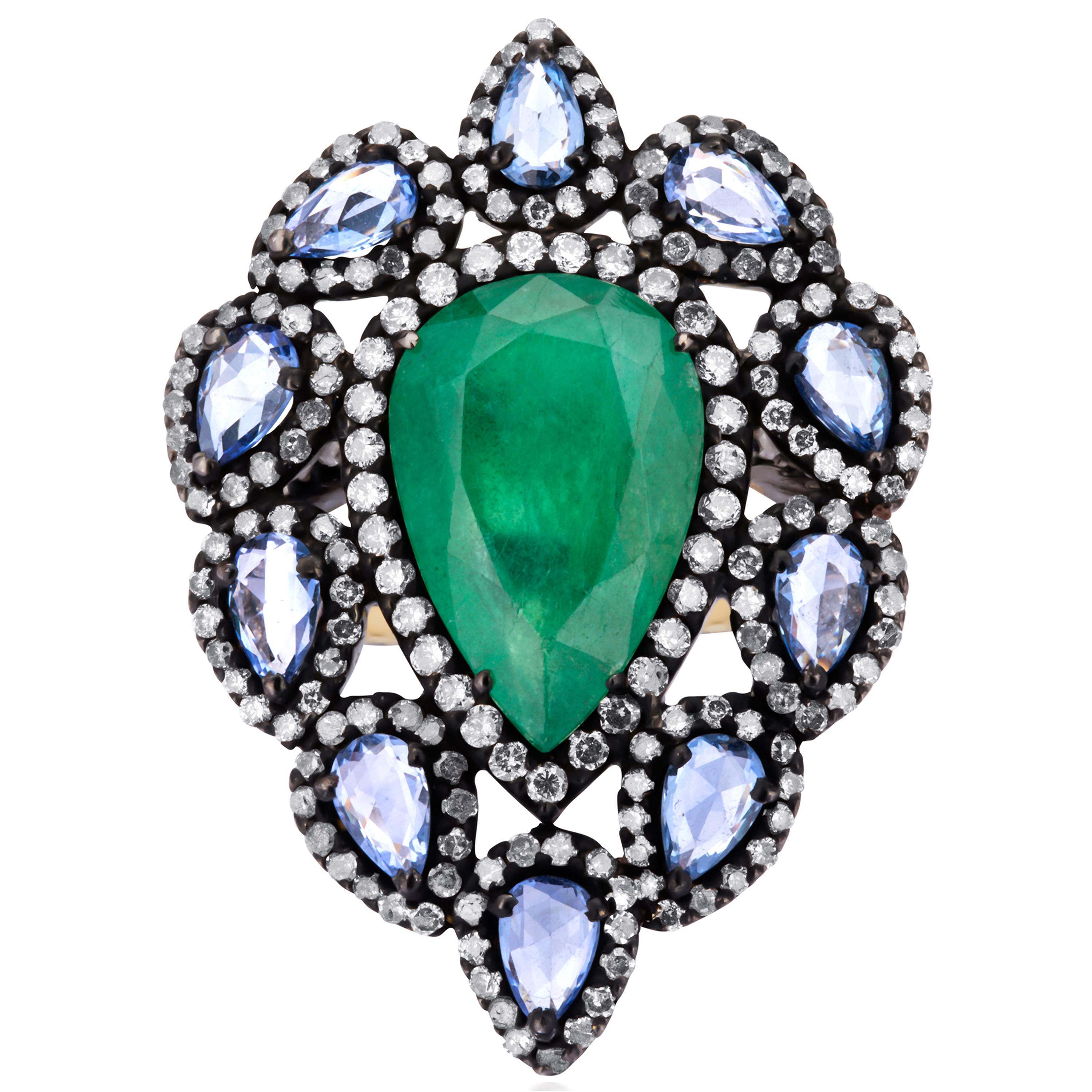 Pear Cut Victorian 8.94cttw. Emerald, Blue Sapphire and Diamond Drop Cluster Ring For Sale
