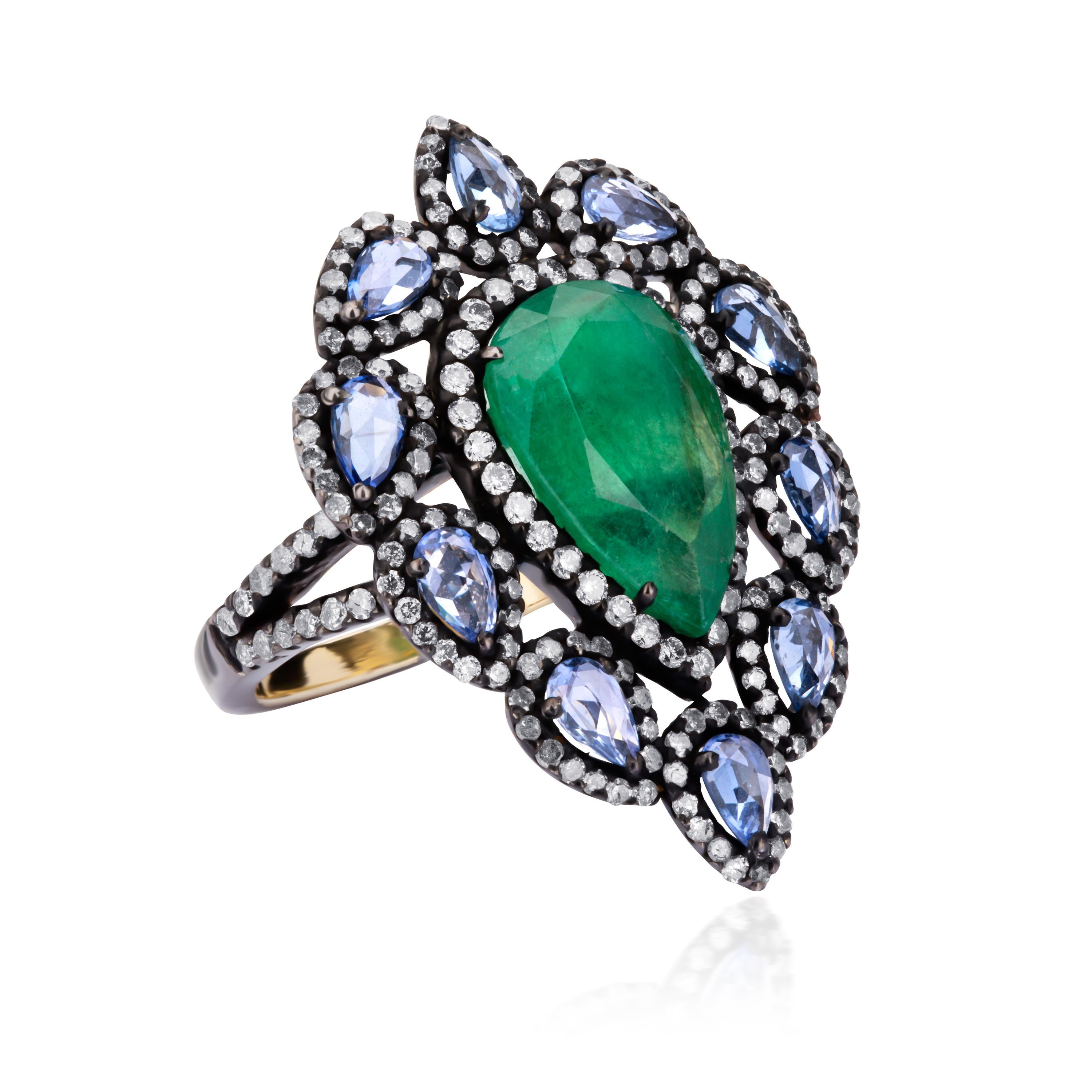 Victorian 8.94cttw. Emerald, Blue Sapphire and Diamond Drop Cluster Ring In New Condition For Sale In New York, NY