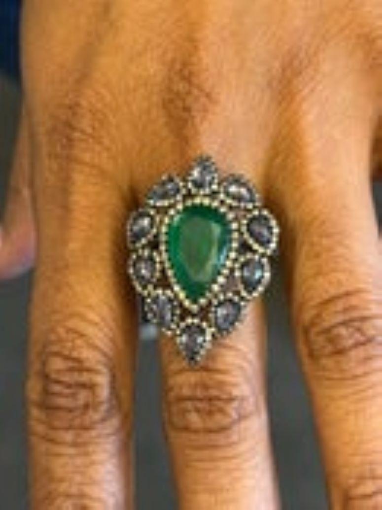 Women's Victorian 8.94cttw. Emerald, Blue Sapphire and Diamond Drop Cluster Ring For Sale