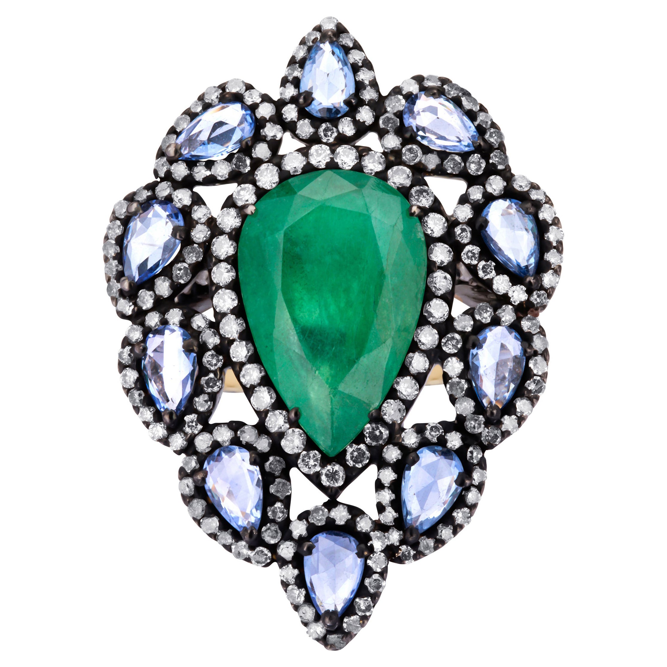 Victorian 8.94cttw. Emerald, Blue Sapphire and Diamond Drop Cluster Ring For Sale