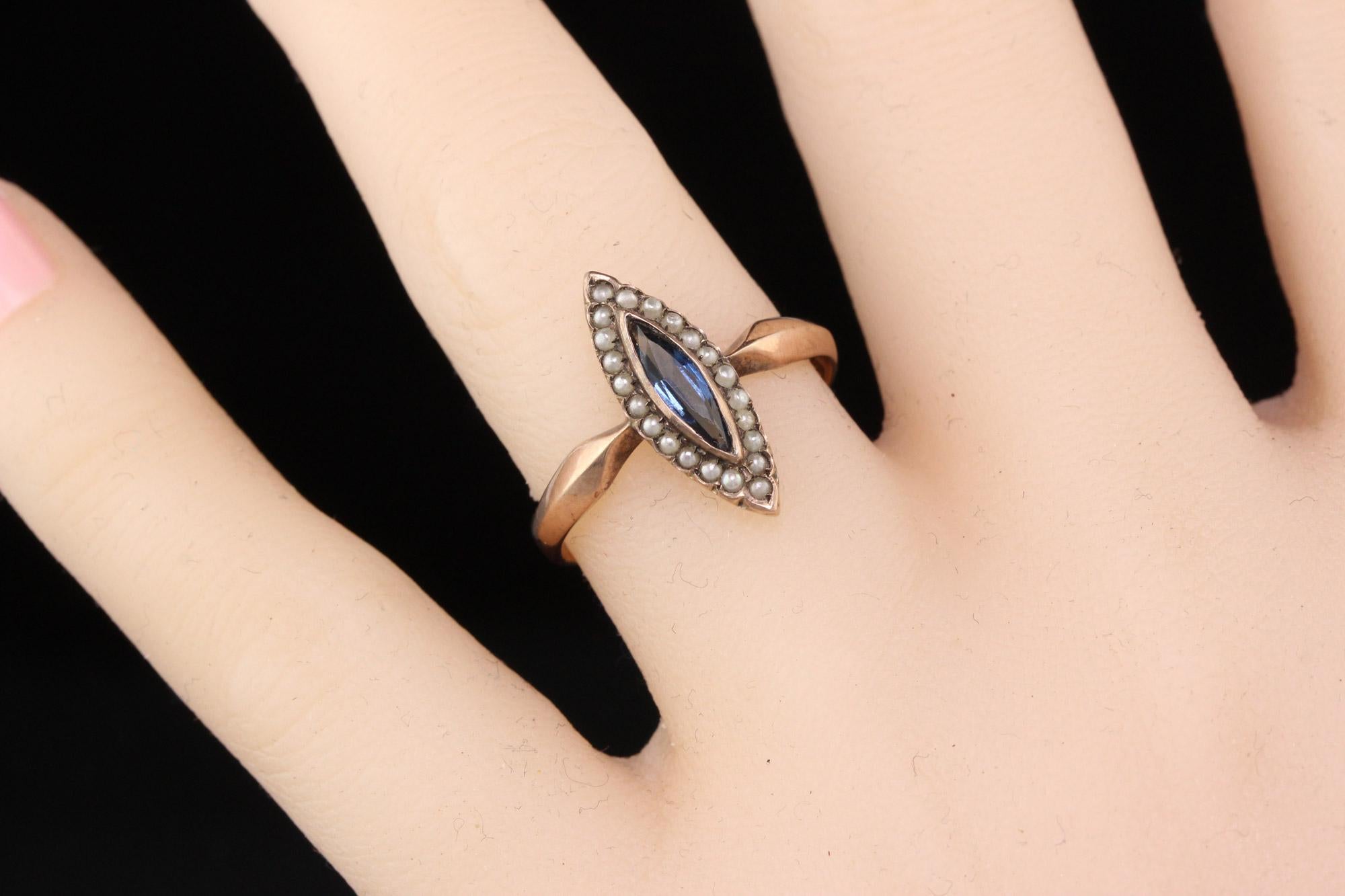 Round Cut Antique Victorian 8K Rose Gold Sapphire & Seed Pearl Navette Ring For Sale