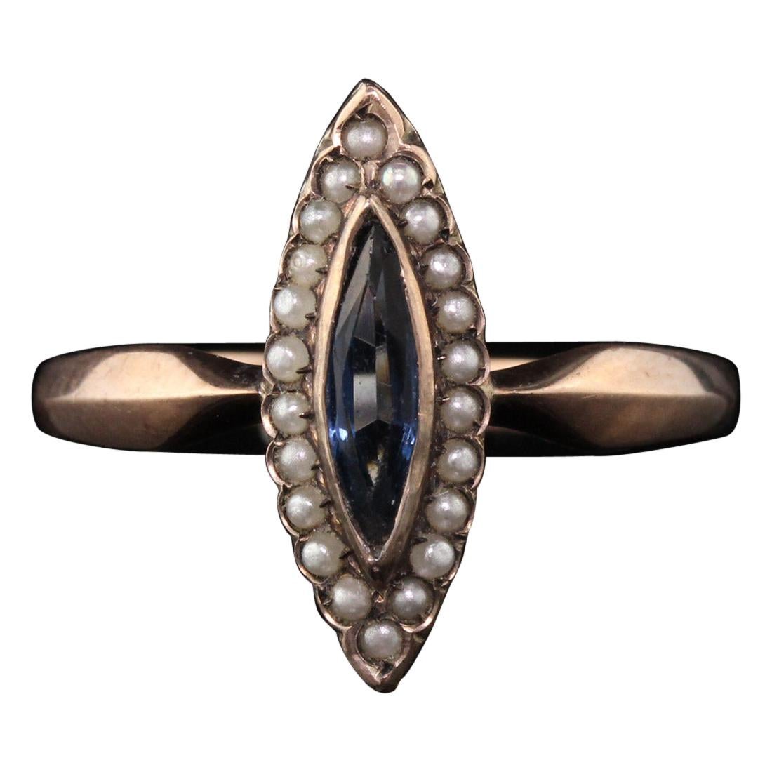 Antique Victorian 8K Rose Gold Sapphire & Seed Pearl Navette Ring For Sale