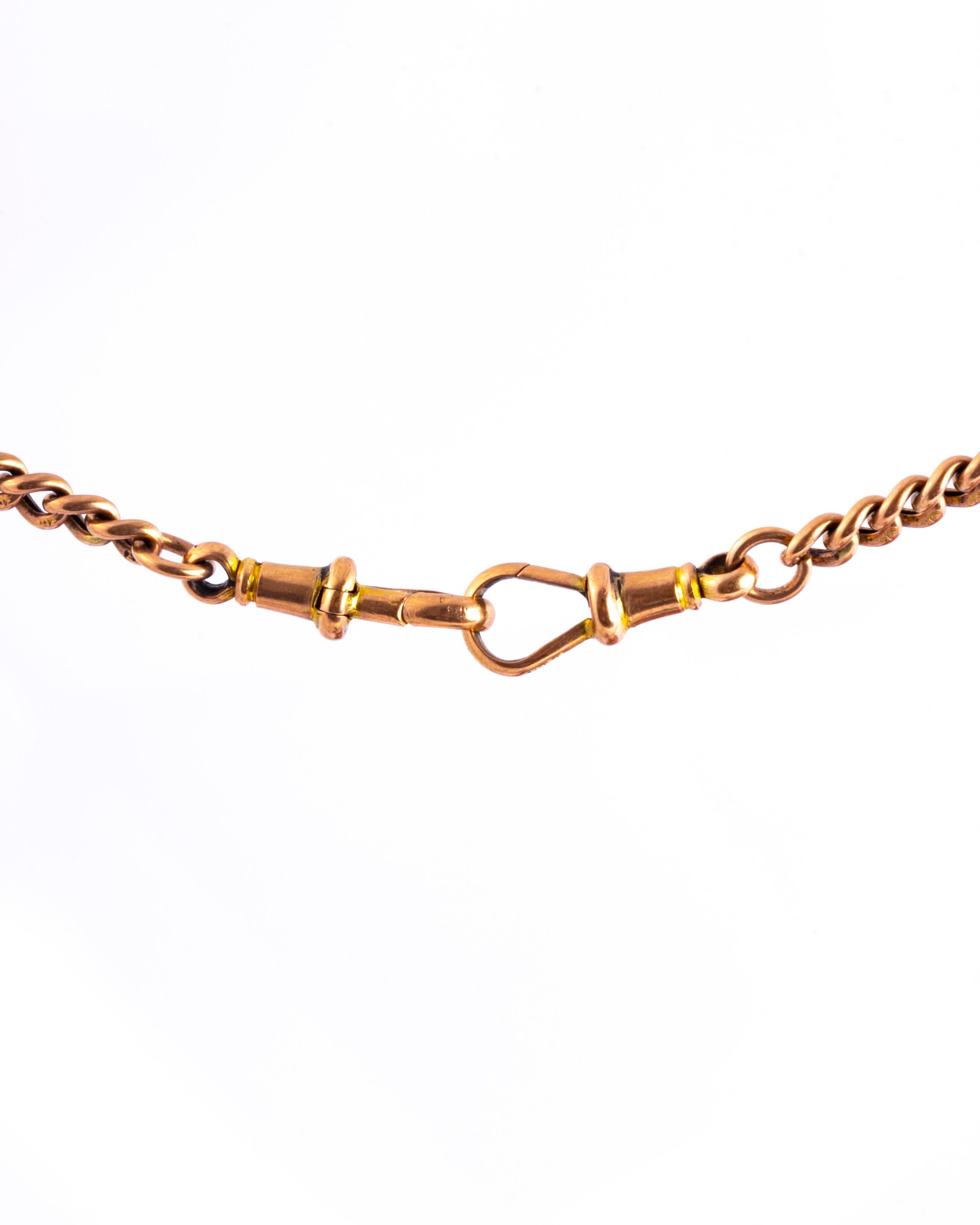 This albertina is the perfect item for a gents wardrobe or could even be used as a necklace. The chain has a dog clip either end and at the centre there is a t-bar. 

Length: 44.5cm
Chain Width: 4mm 

Weight: 16g
