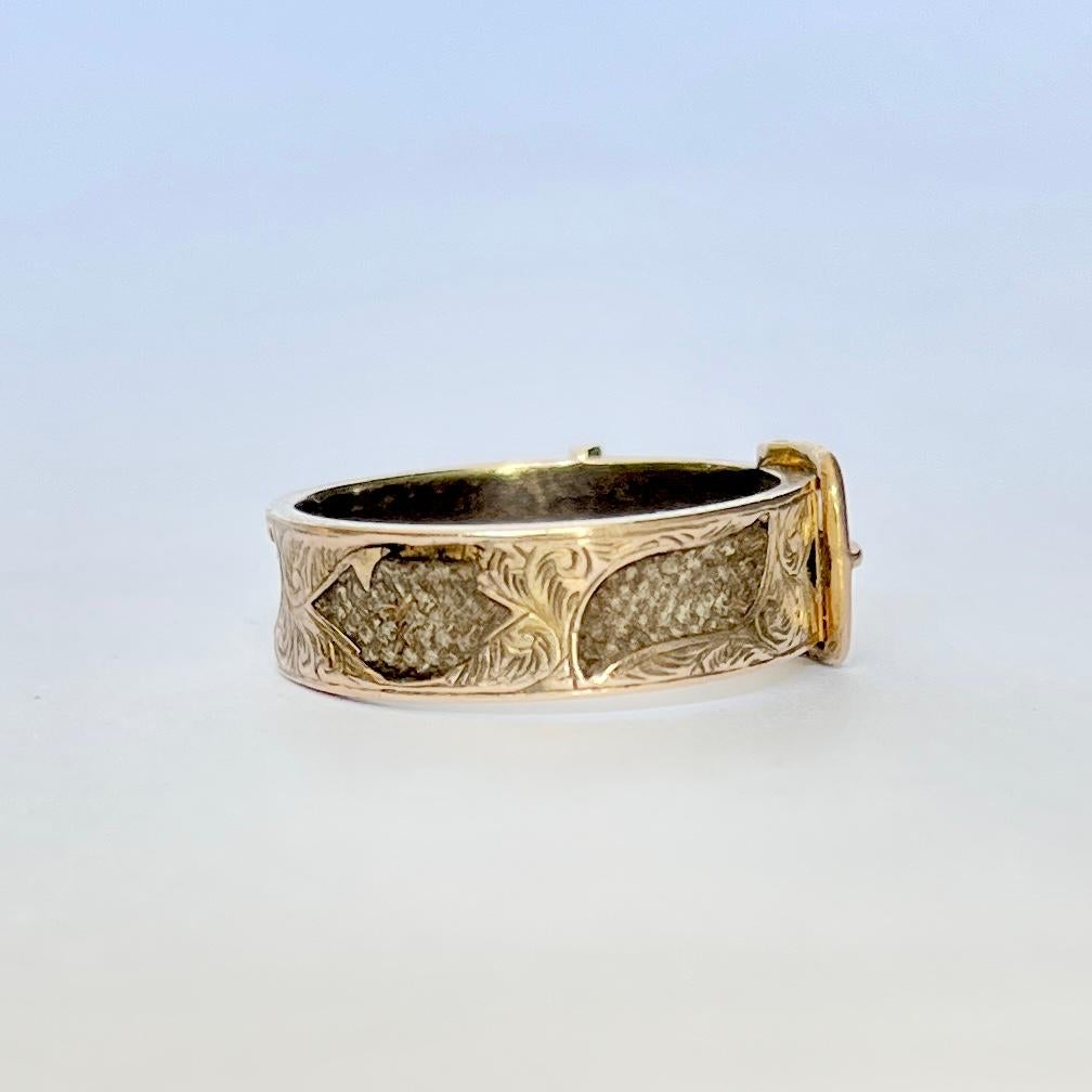 Victorian 9 Carat Gold and Braided Hair Buckle Memorial Band For Sale 1