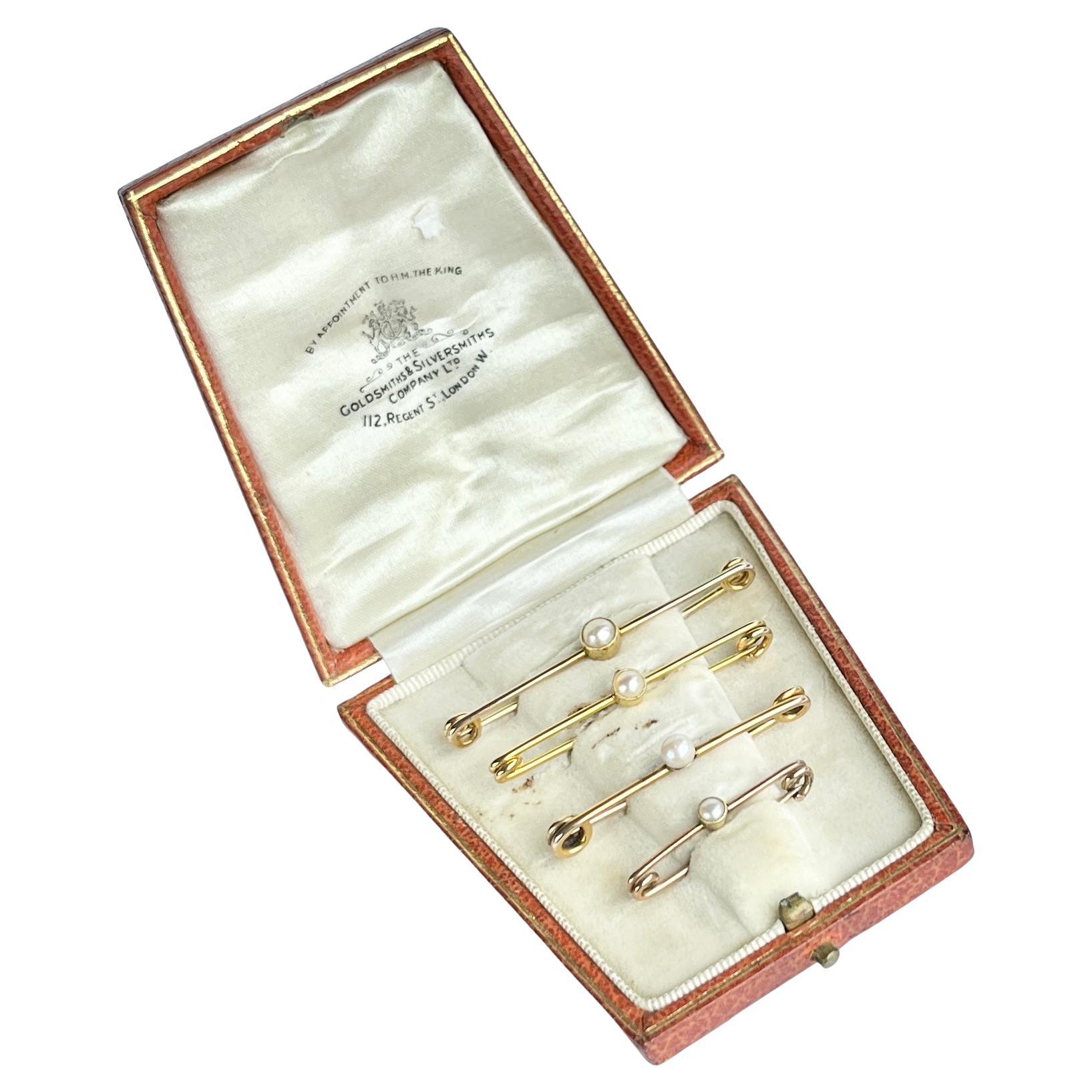 Victorian 9 Carat Gold and Pearl Safety Pin Set In Original Box