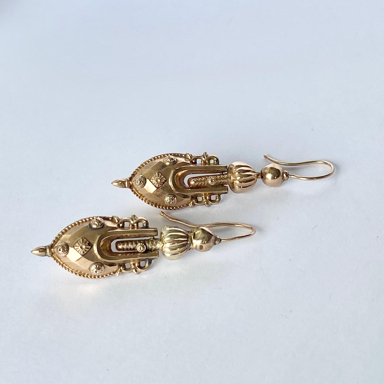 Women's or Men's Victorian 9 Carat Gold Dangle Earrings For Sale