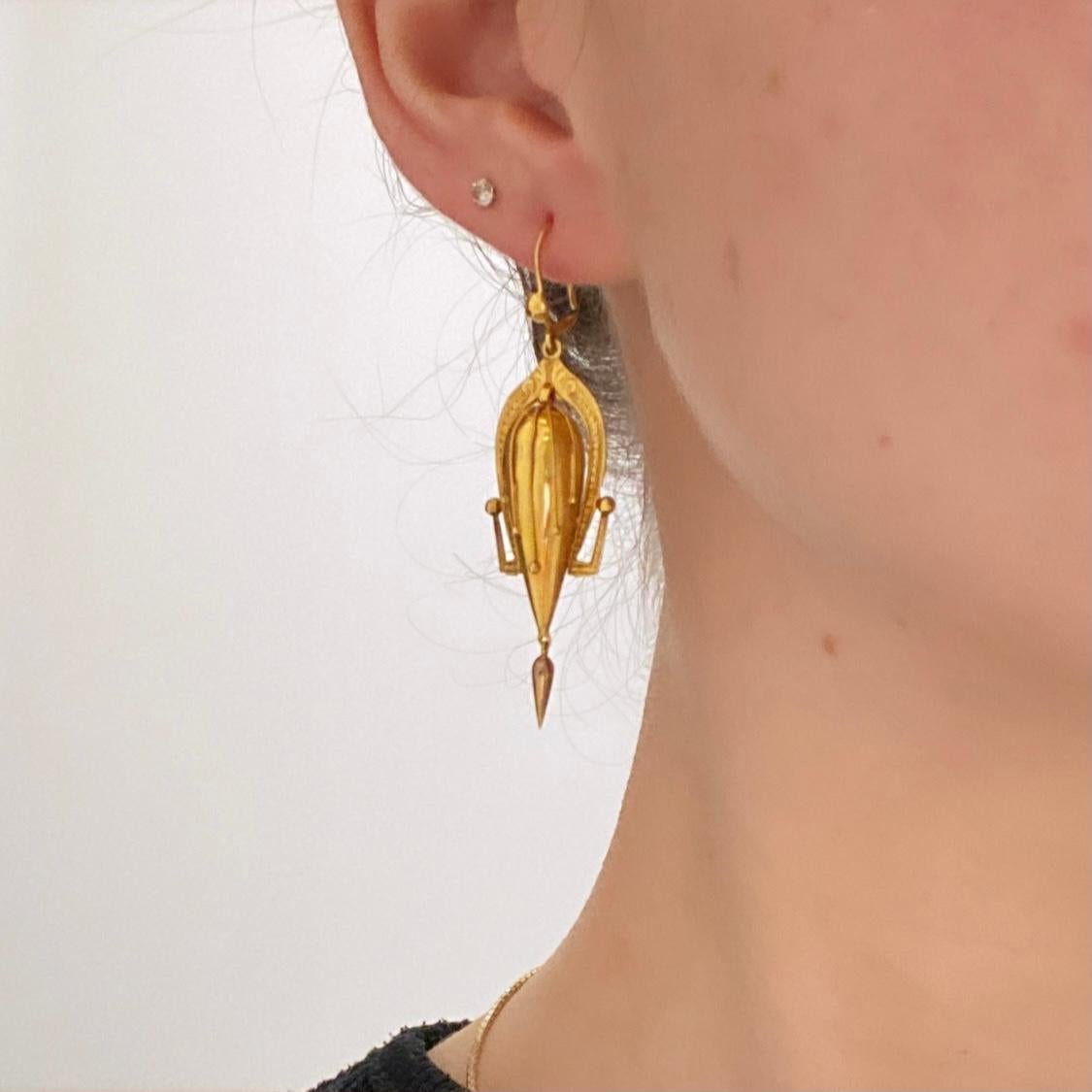 Women's or Men's Victorian 9 Carat Gold Dangle Etruscan Revival Earrings