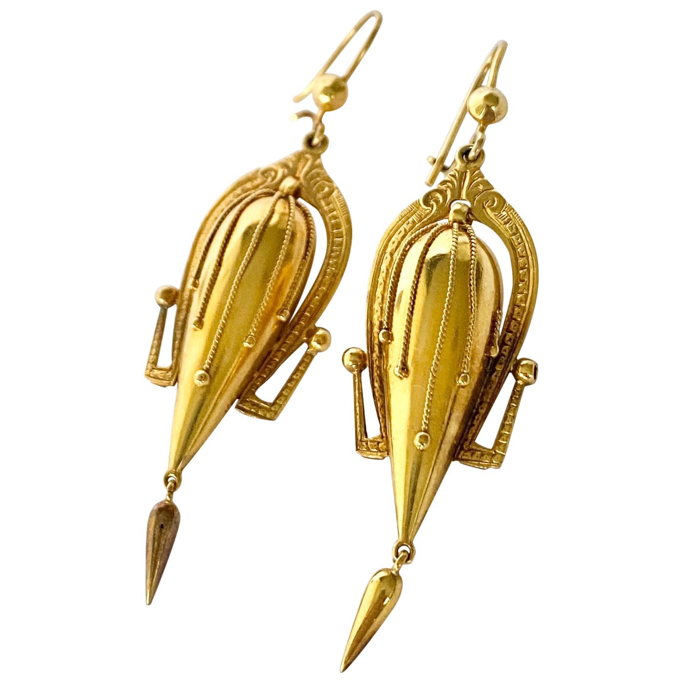 Victorian 9 Carat Gold Dangle Etruscan Revival Earrings