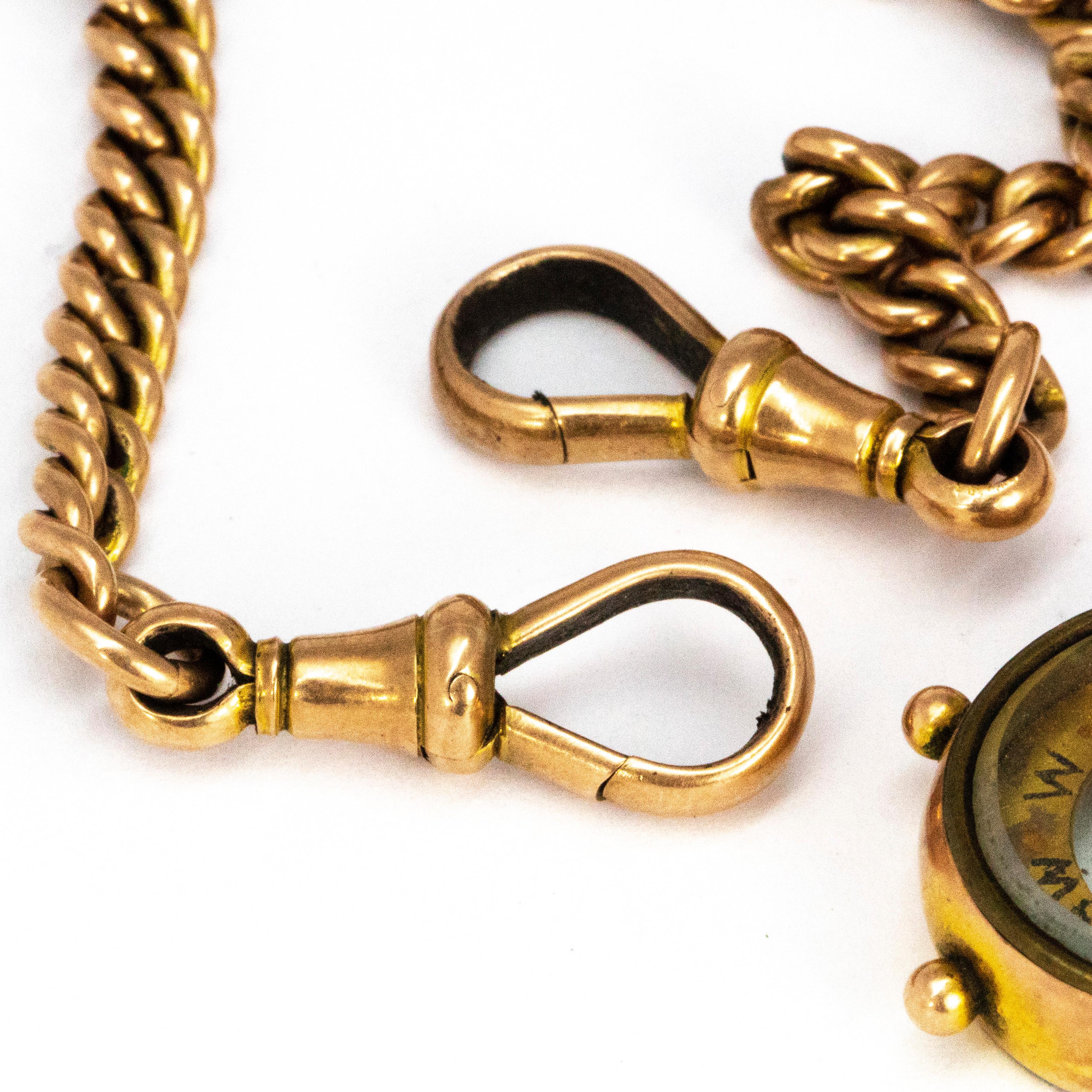 Victorian 9 Carat Gold Double Albert Chain with Compass In Good Condition In Chipping Campden, GB