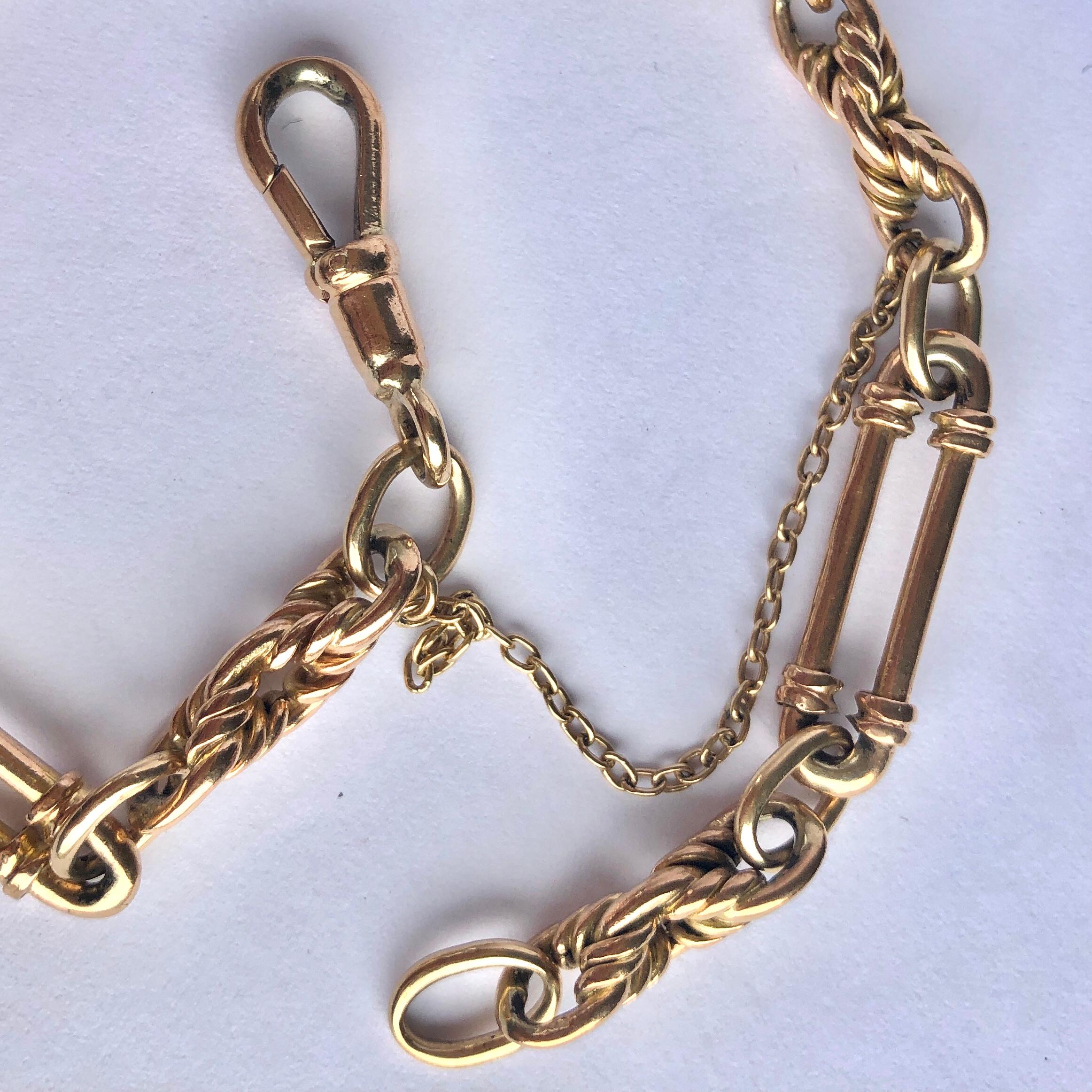 This gorgeous bracelet has highly decorative links in it. One of the styles resembles the trombone link and the other is layered, knotted and twisted. Modelled in 9ct gold.

Length: 25cm 
Width: 6.5mm 

Weight: 20.63g