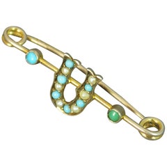 Victorian 9 Carat Gold Pearl and Turquoise Murrle Bennett Pin Brooch