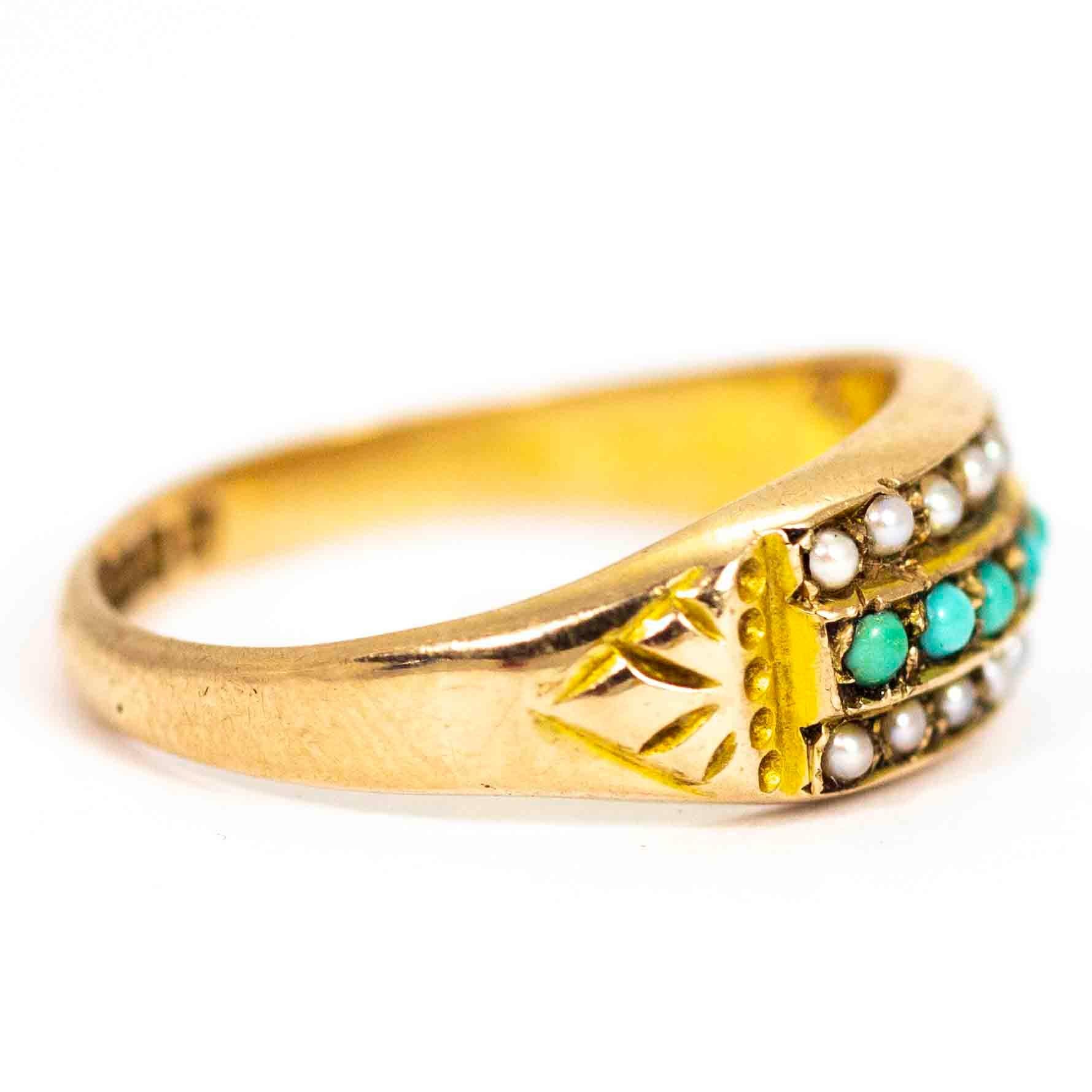 Women's or Men's Victorian 9 Carat Gold Pearl and Turquoise Triple Ring