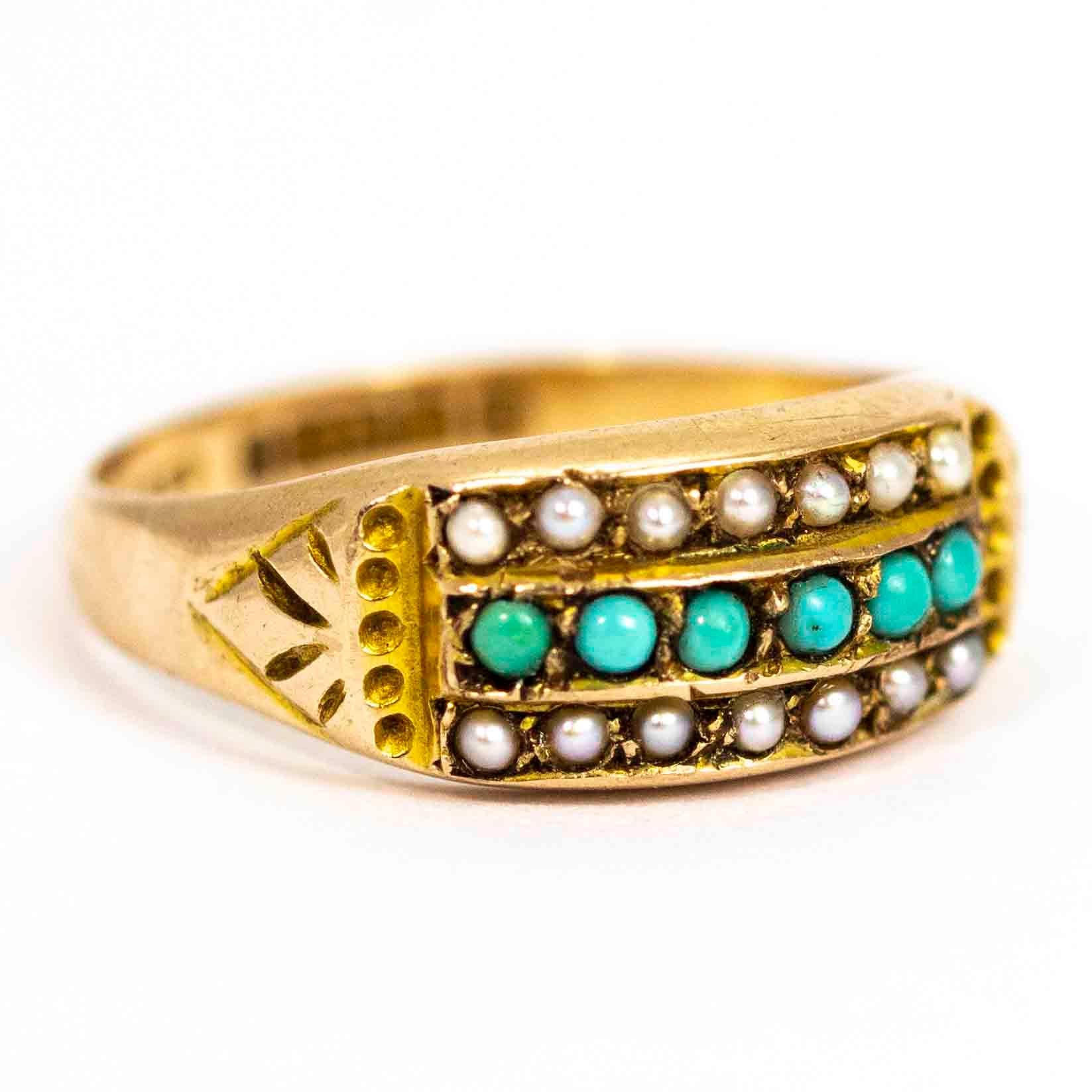 Victorian 9 Carat Gold Pearl and Turquoise Triple Ring 1
