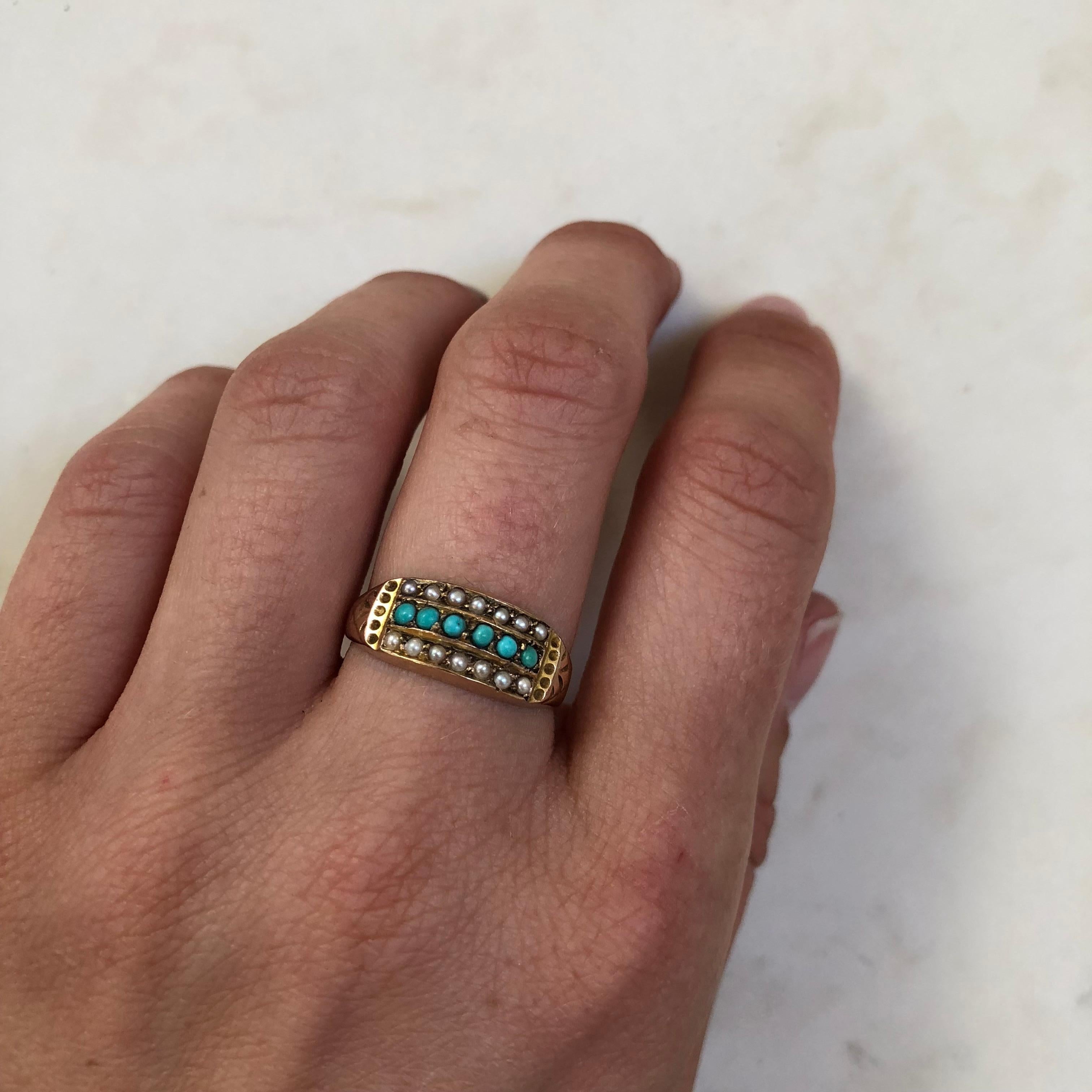 Victorian 9 Carat Gold Pearl and Turquoise Triple Ring 3