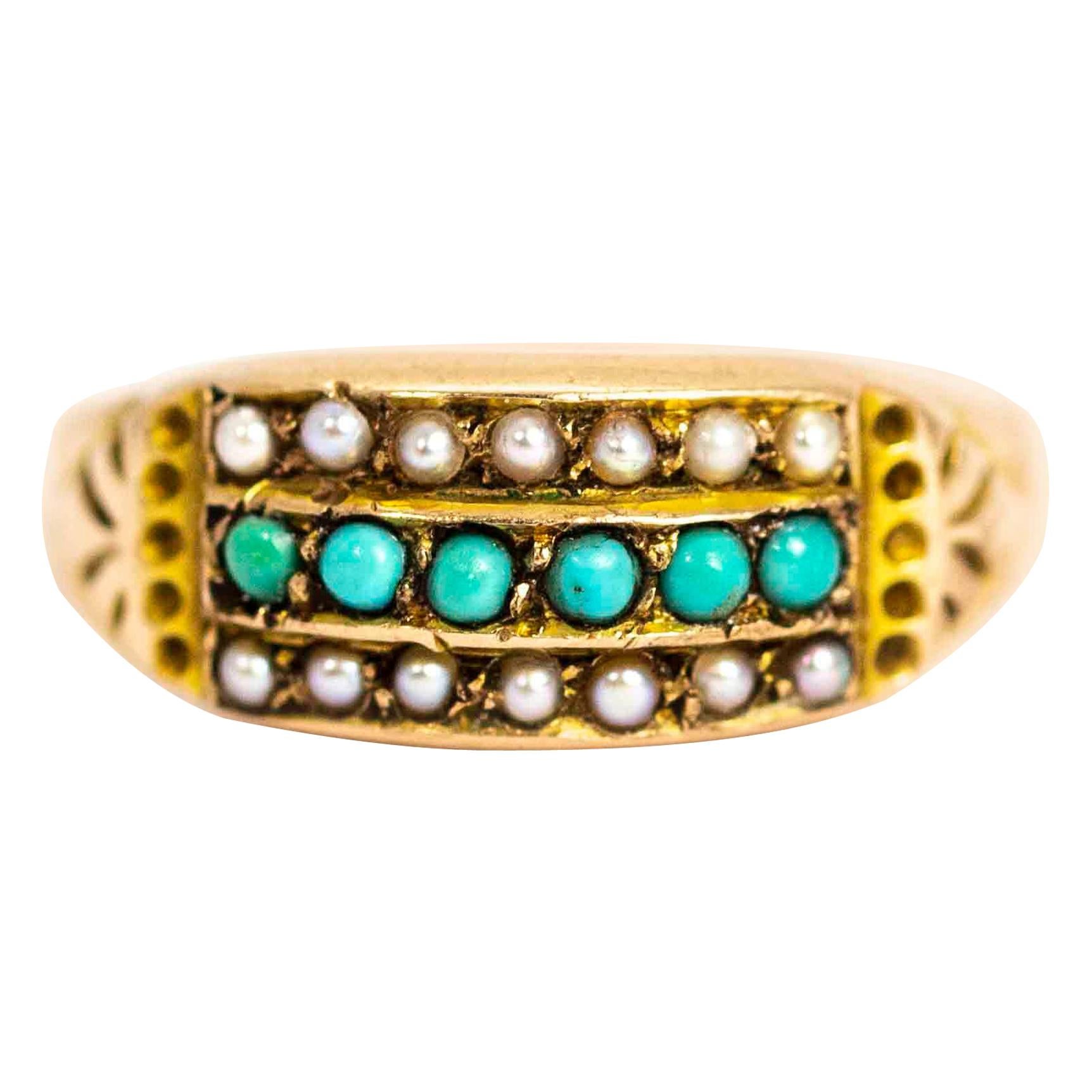 Victorian 9 Carat Gold Pearl and Turquoise Triple Ring