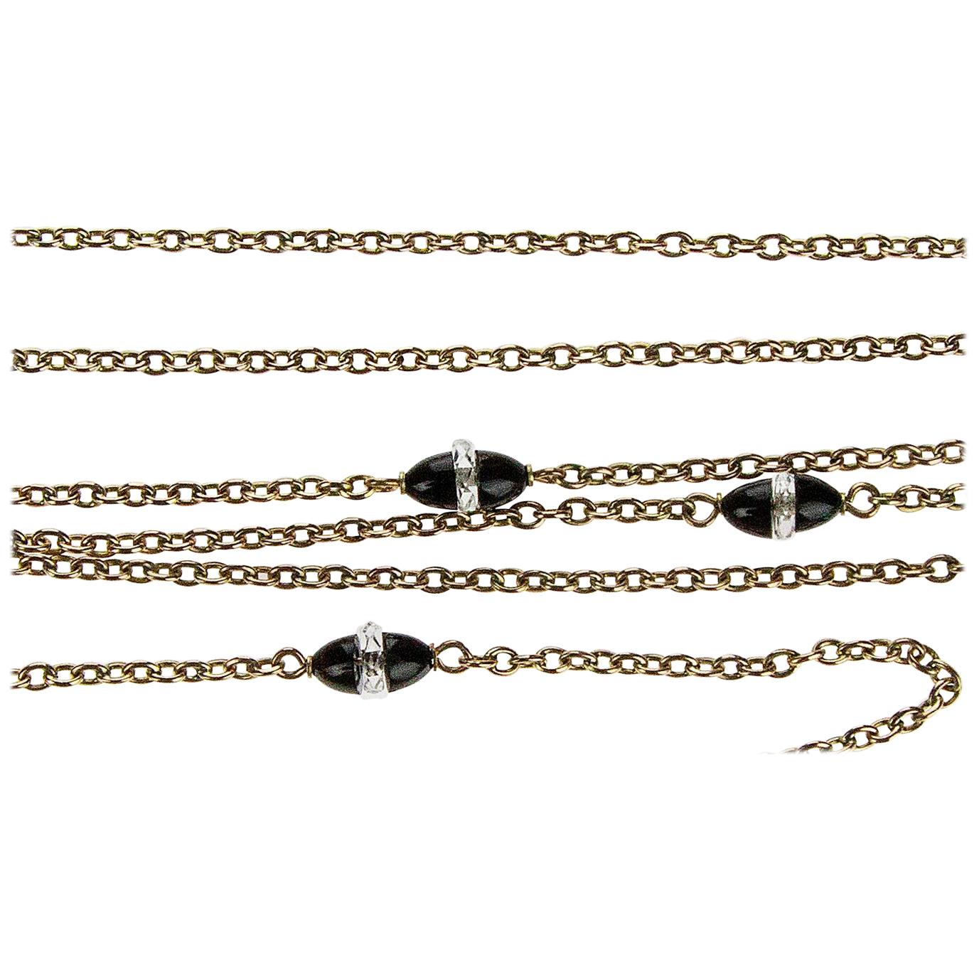 Victorian 9 Carat Gold Trace Guard Chain Necklace Onyx and Rock Crystal Beads