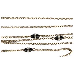 Victorian 9 Carat Gold Trace Guard Chain Necklace Onyx and Rock Crystal Beads