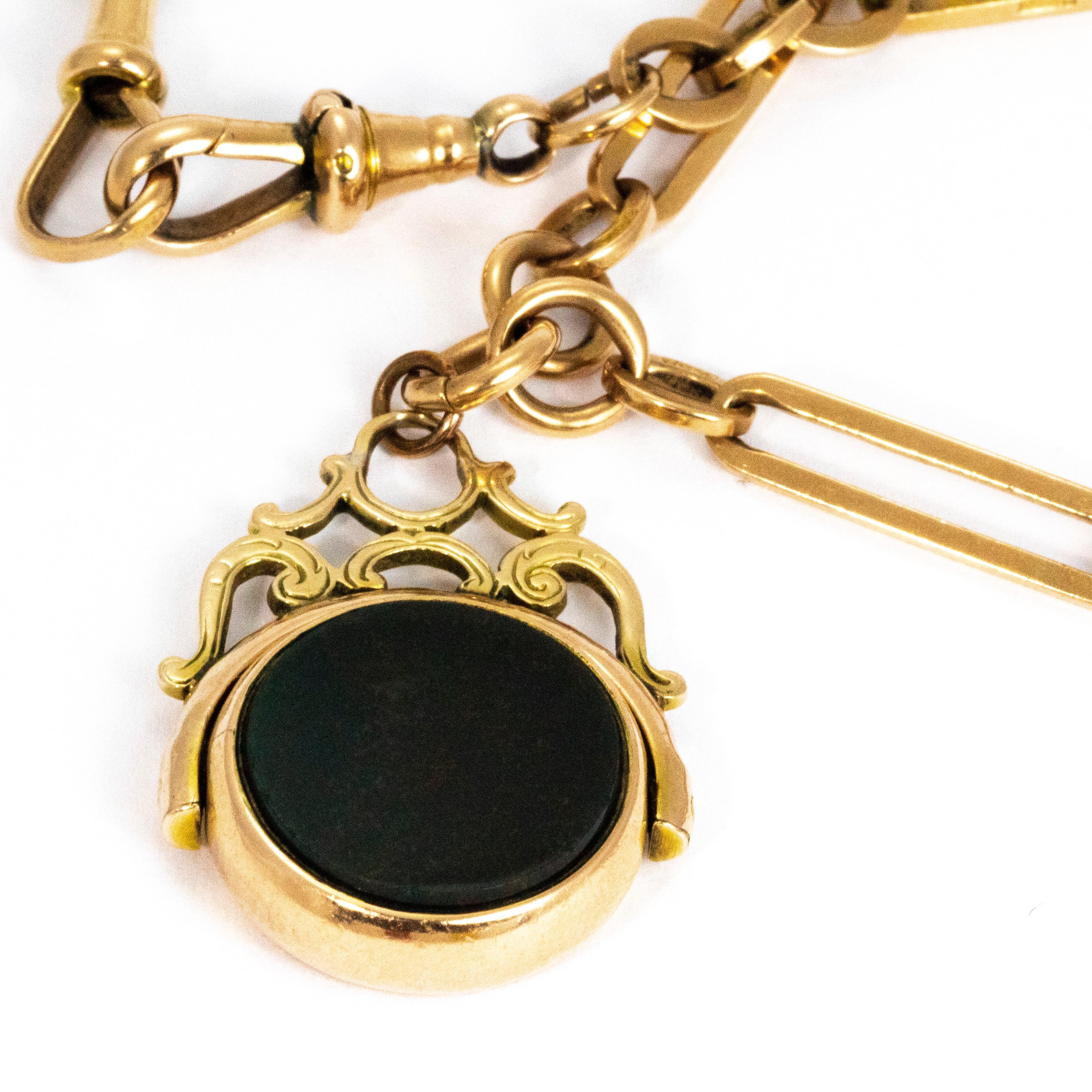 Victorian 9 Carat Gold Trombone Chain Necklace with Pendant In Good Condition In Chipping Campden, GB