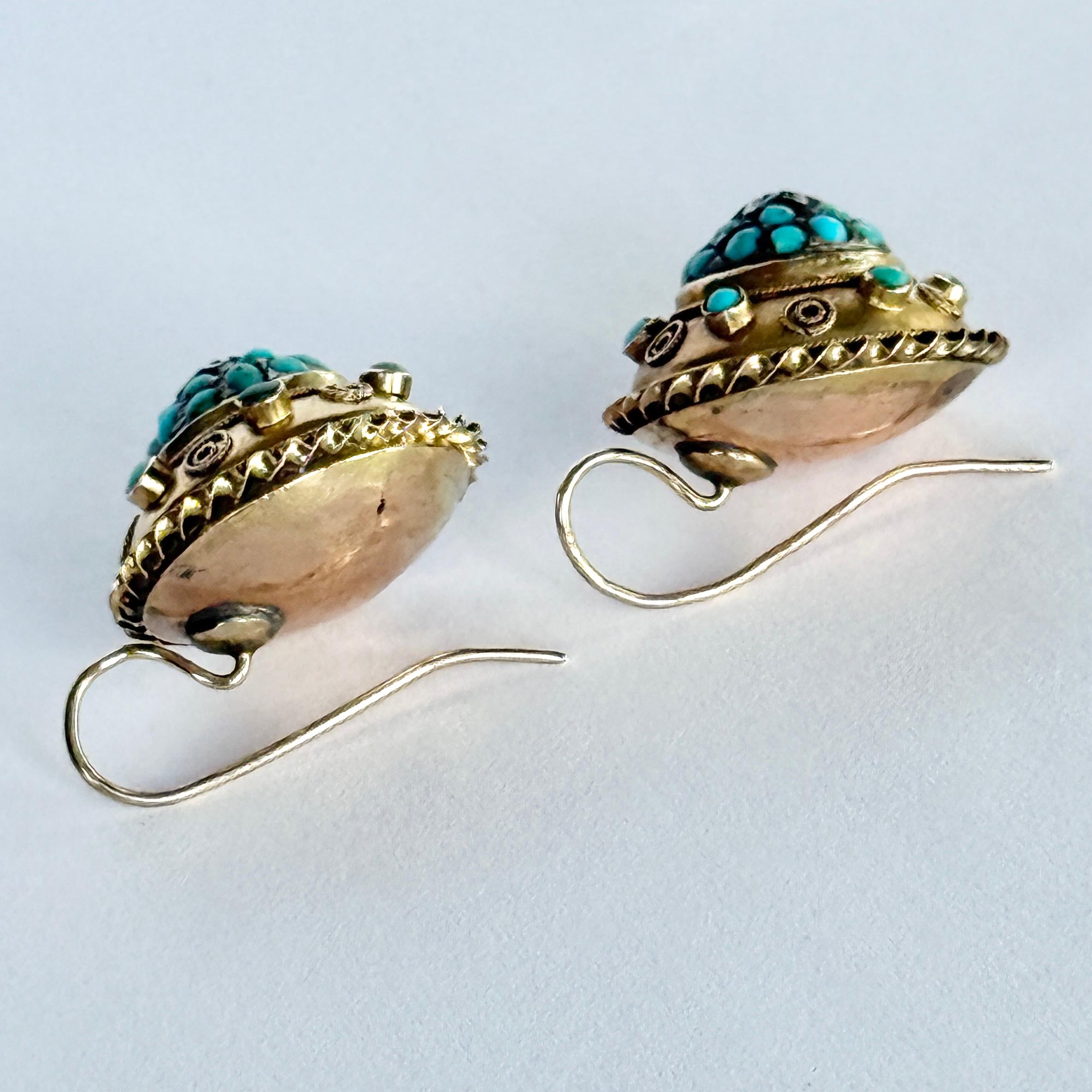Taille rose Boucles d'oreilles victoriennes en or 9 carats avec turquoise et diamants en vente
