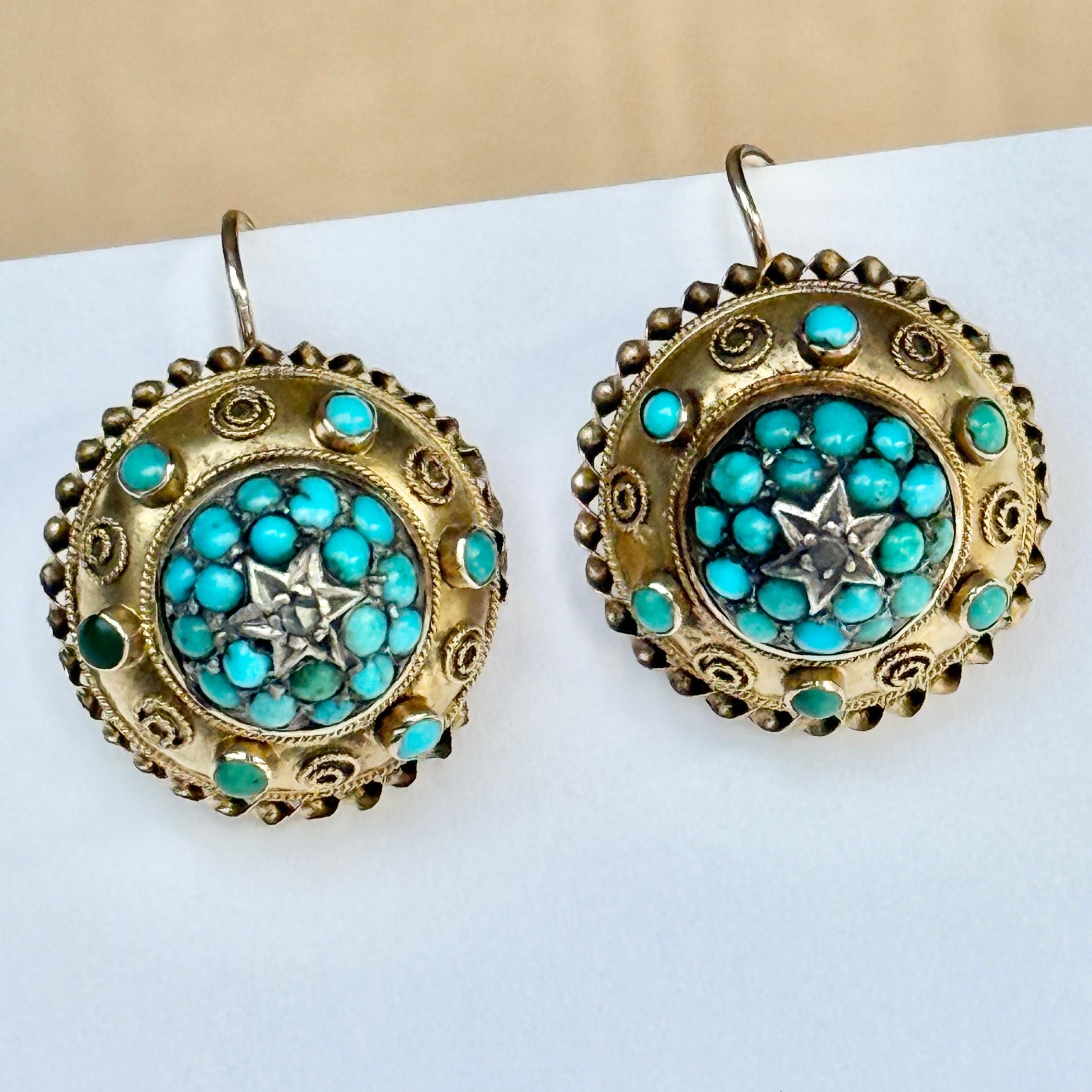 Boucles d'oreilles victoriennes en or 9 carats avec turquoise et diamants Bon état - En vente à Chipping Campden, GB