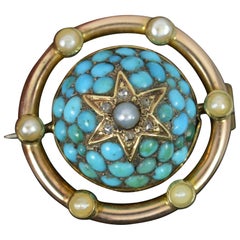 Antique Victorian 9 Carat Gold Turquoise Pave Diamond Pearl Cluster Pendant