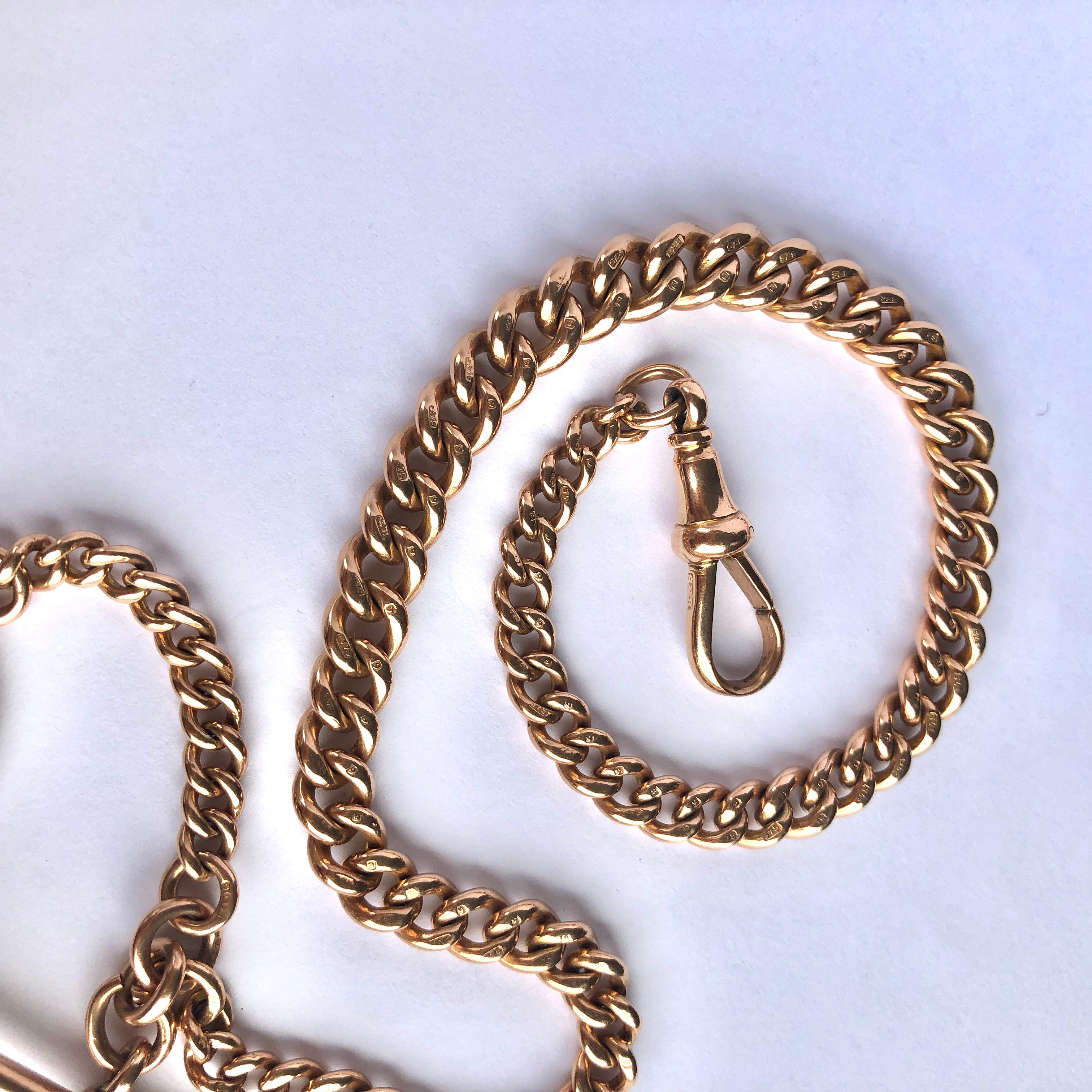 This rose gold albert chain is the perfect addition to any gents wardrobe or can be worn as a necklace and has a dog clip on one side and a t-bar on the other. Each link is hallmarked and it slightly graduates in size starting with the larger links