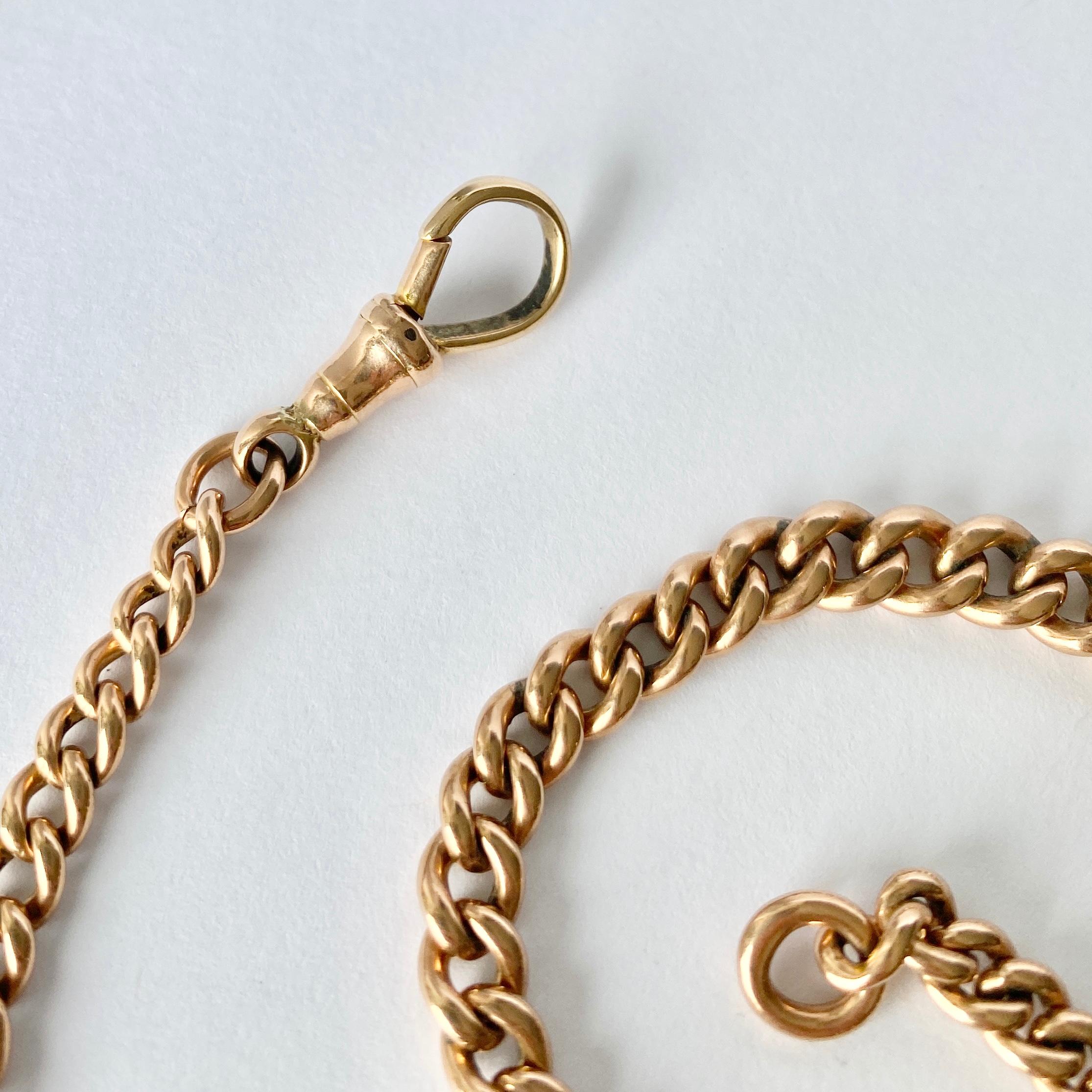 This rose gold albert chain is the perfect addition to any gents wardrobe or can be worn as a necklace and has a dog clip on one end. Each link is hallmarked and features a t-bar.. 

Length: 37cm
Chain Width: 5-8mm

Weight: 37g 