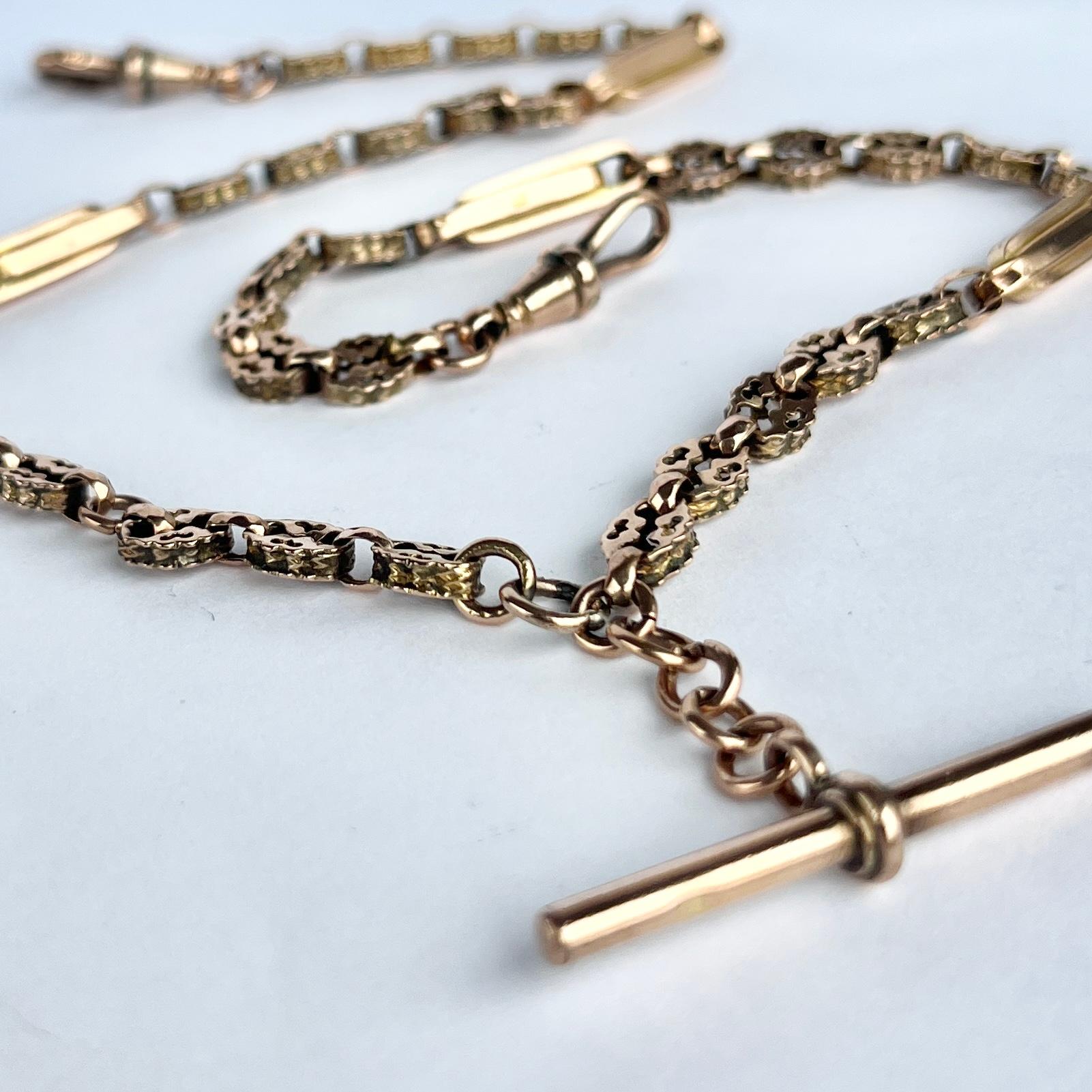 Viktorianische 9 Karat Roségold Albert- oder Halskette Kette mit T-Bar, viktorianisch im Angebot 1