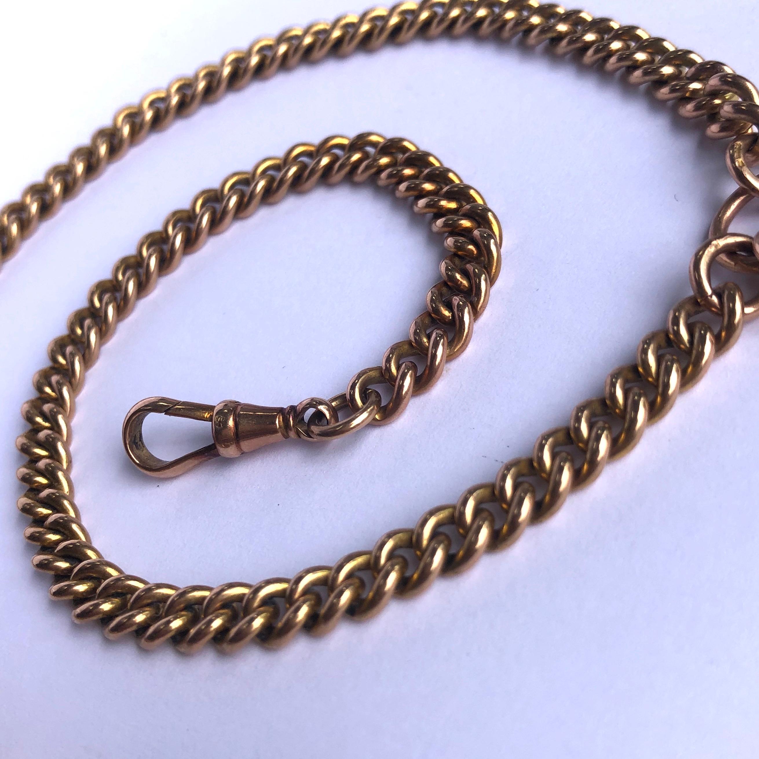 This albertina is the perfect item for a gents wardrobe or could even be used as a necklace. The chain has a dog clip either end and at the centre there is a t-chain and extra loop. Each link is hallmarked, made in Birmingham, England.

Length: 43cm