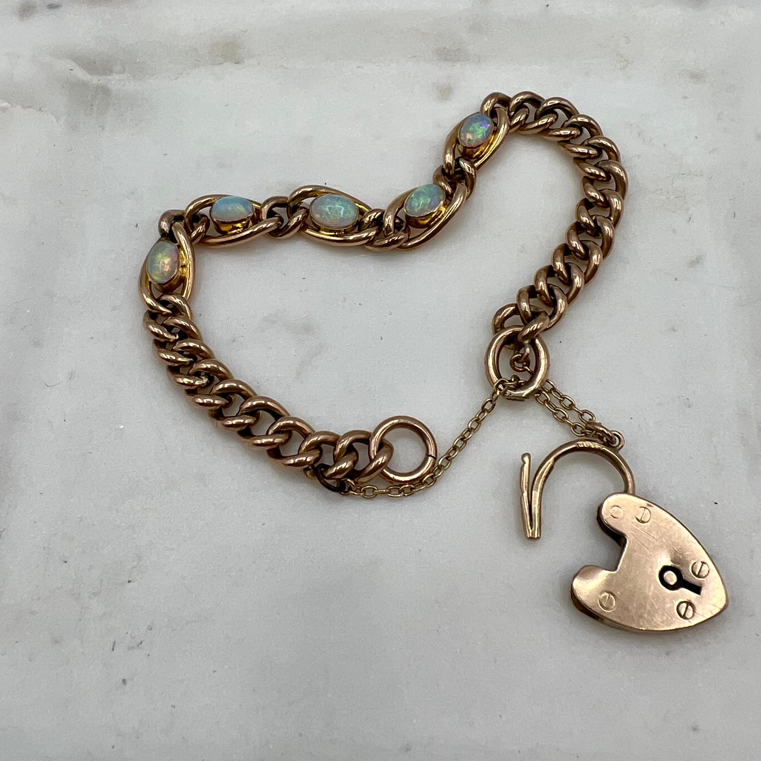 Cabochon Victorian 9 Carat Rose Gold and Opal Heart Locket Chain Bracelet