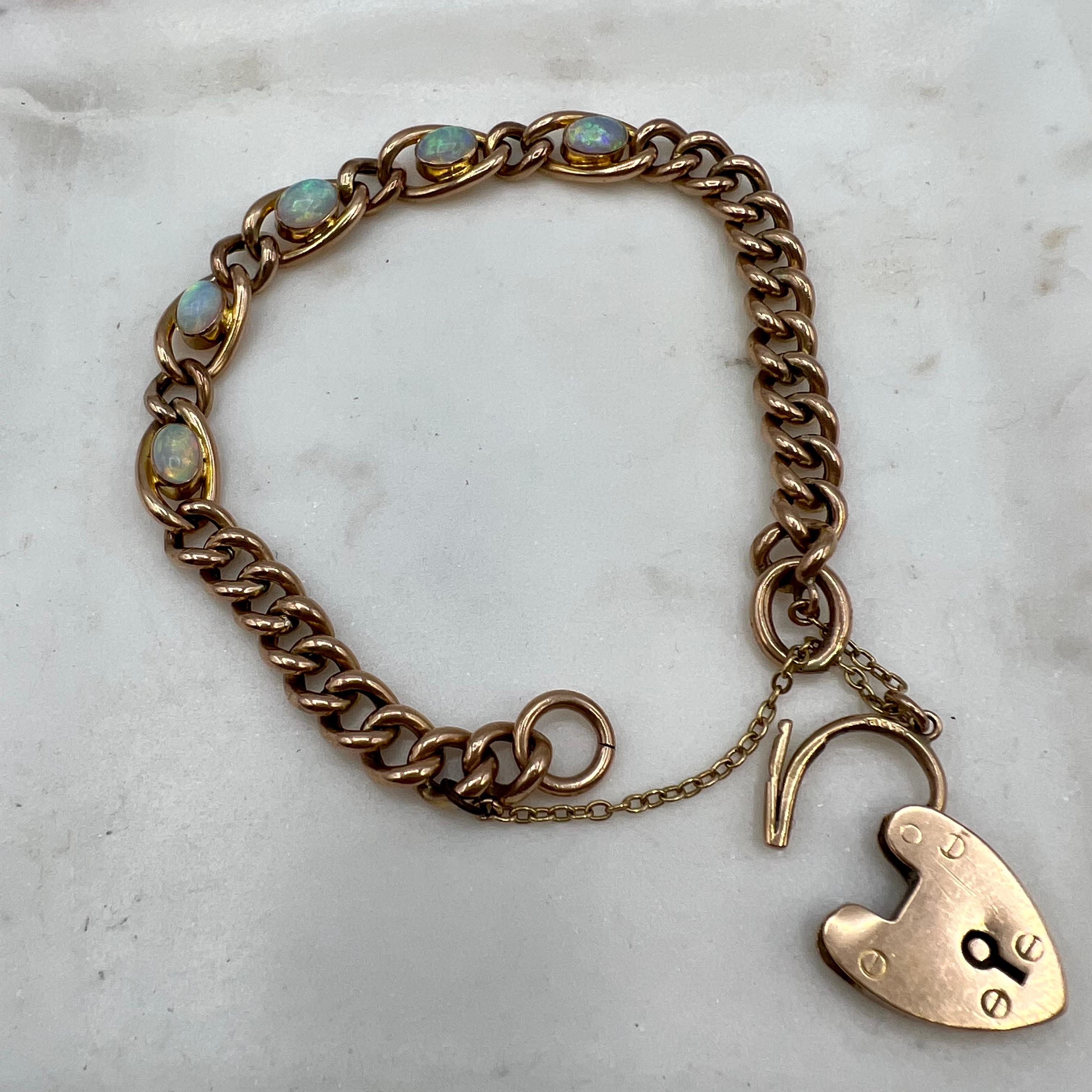 Victorian 9 Carat Rose Gold and Opal Heart Locket Chain Bracelet In Good Condition In Berkeley, CA